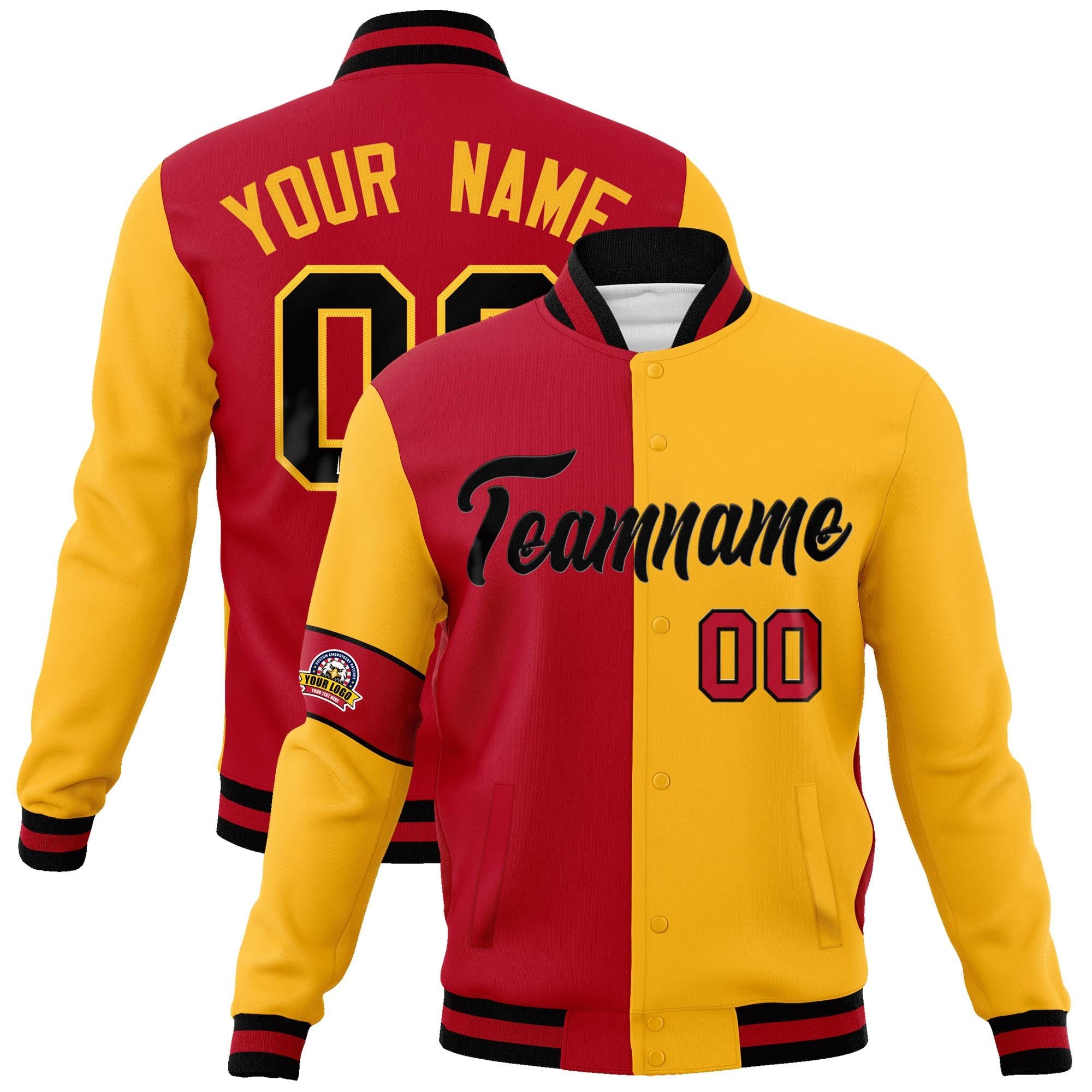 Custom Red Gold-Black Letterman Two Tone Full-Snap Split Fashion Jacket