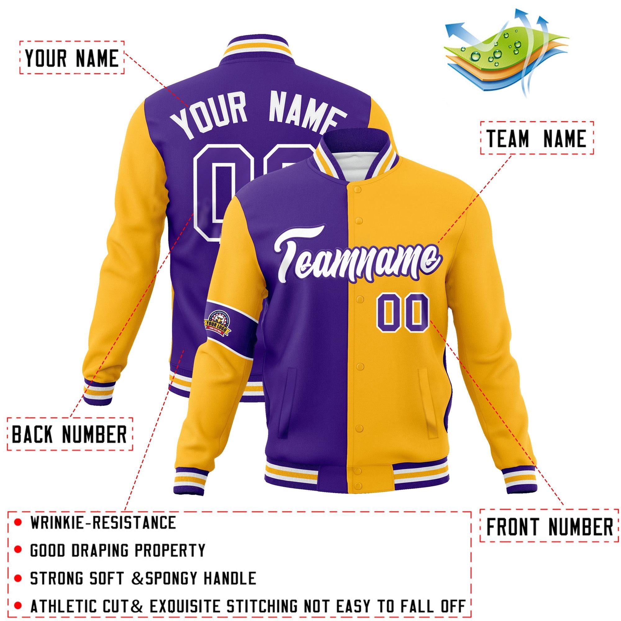 Custom Purple Gold-White Letterman Two Tone Full-Snap Split Fashion Jacket