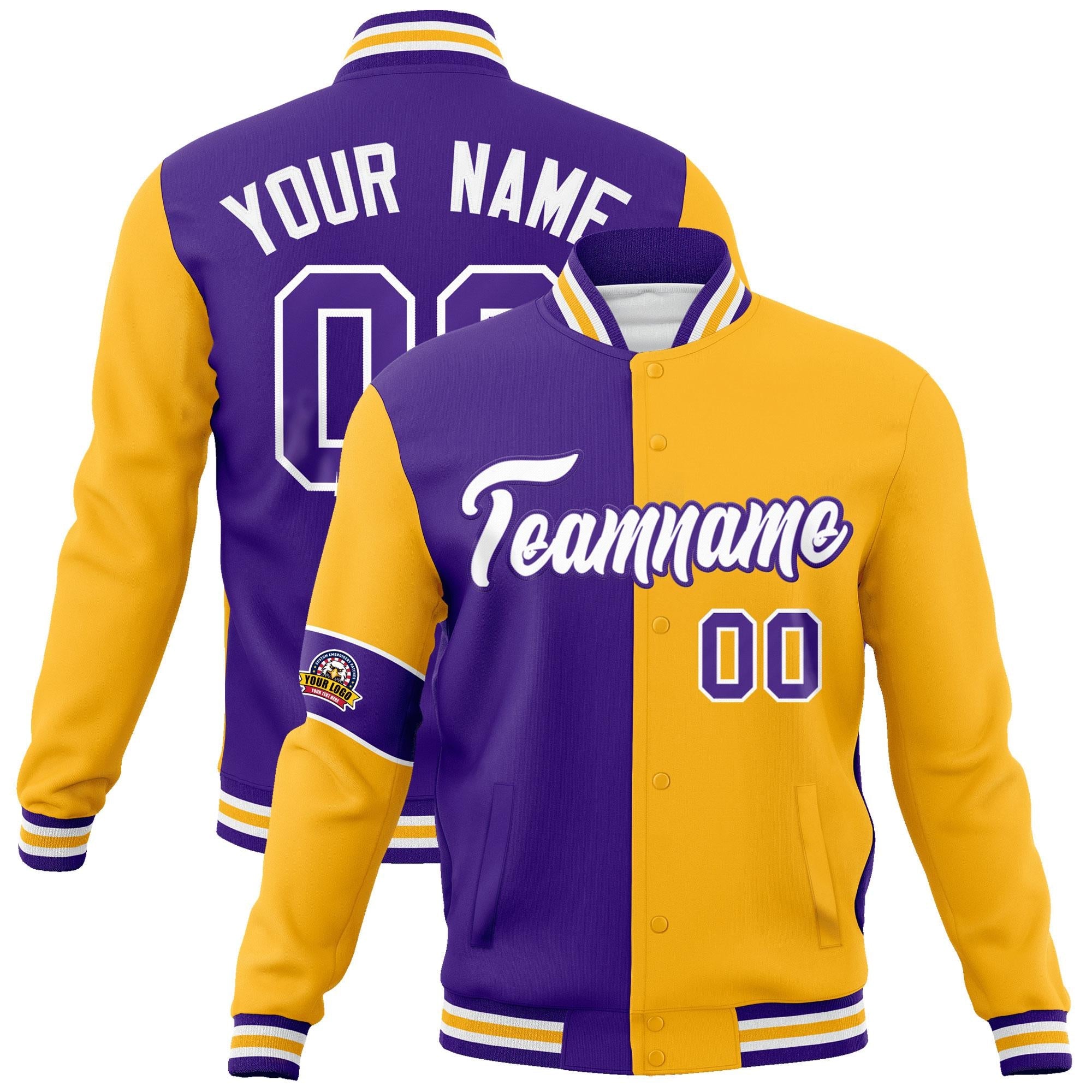 Custom Purple Gold-White Letterman Two Tone Full-Snap Split Fashion Jacket