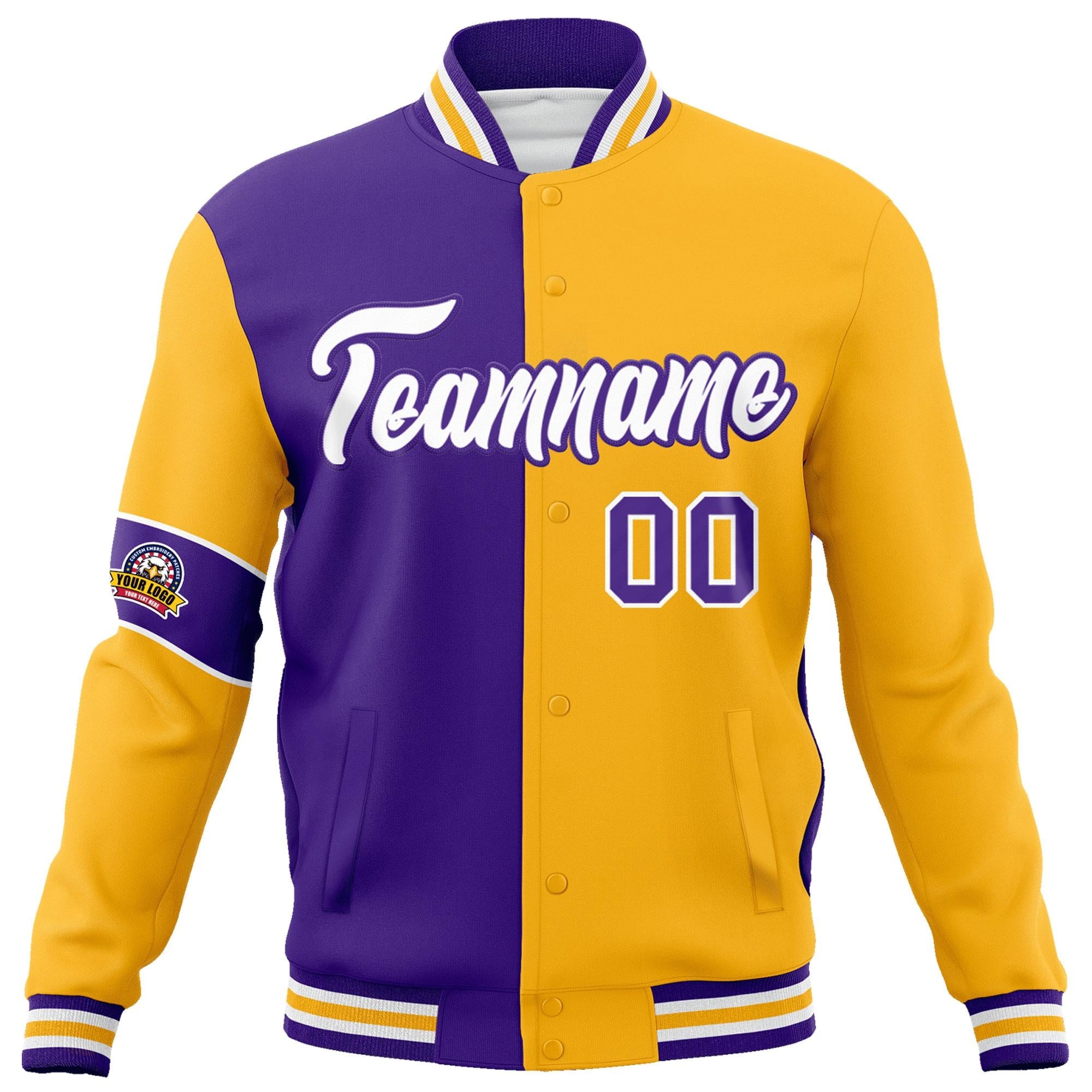 Custom Purple Gold-White Letterman Two Tone Full-Snap Split Fashion Jacket