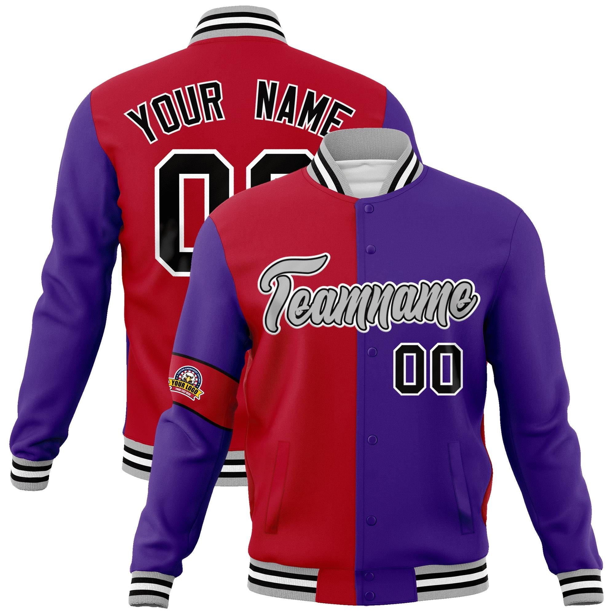 Custom Red Purple-Gray Letterman Two Tone Full-Snap Split Fashion Jacket