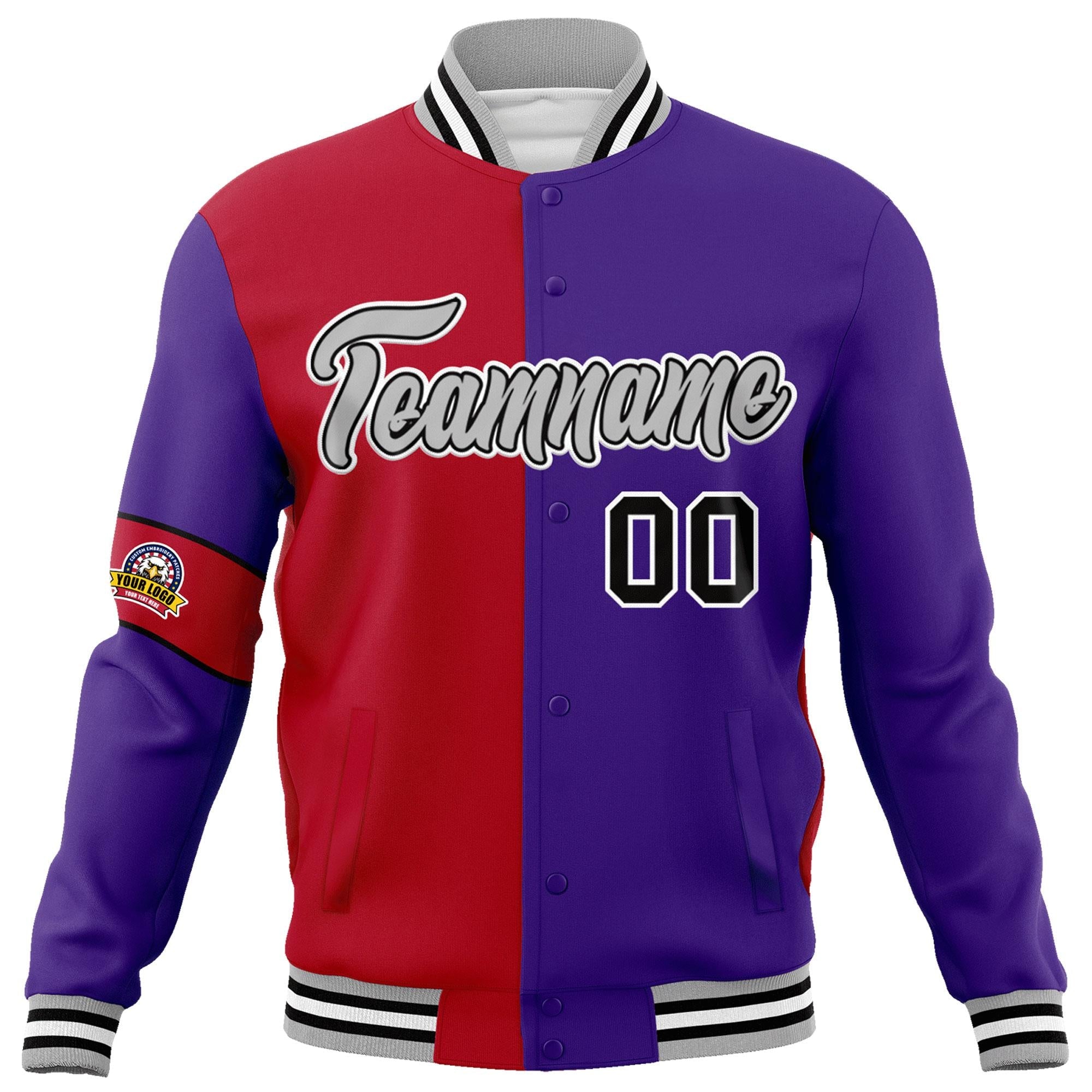 Custom Red Purple-Gray Letterman Two Tone Full-Snap Split Fashion Jacket