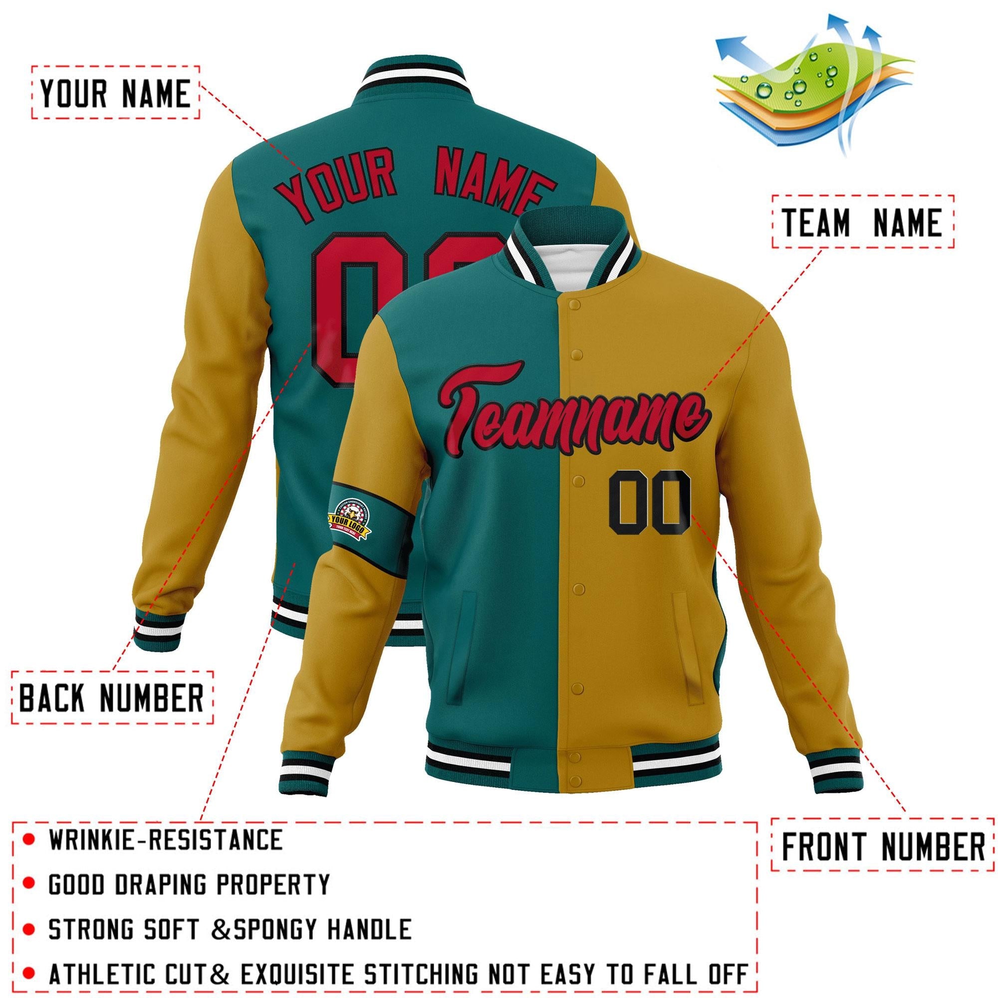 Custom Aqua Old Gold-Red Letterman Two Tone Full-Snap Split Fashion Jacket