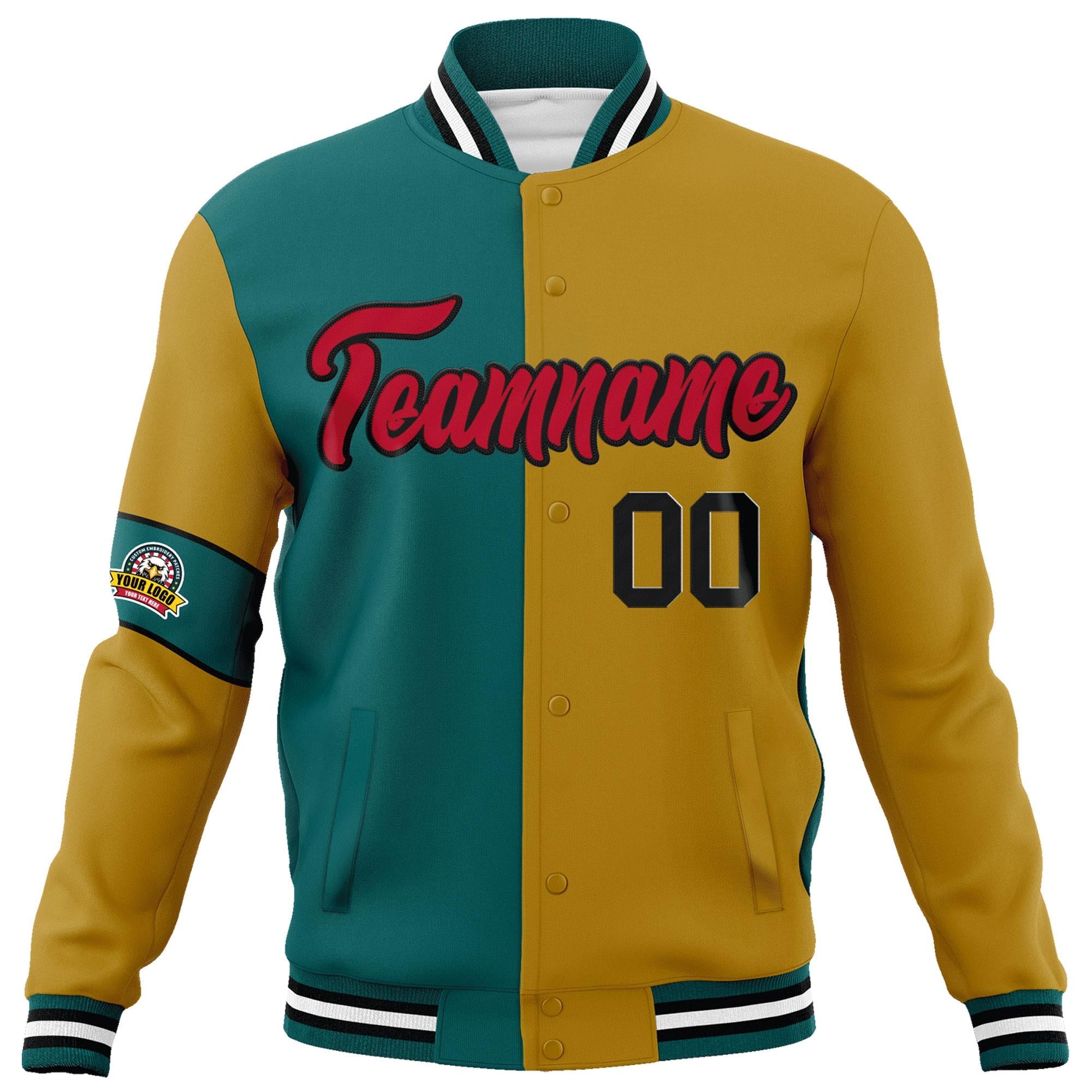 Custom Aqua Old Gold-Red Letterman Two Tone Full-Snap Split Fashion Jacket