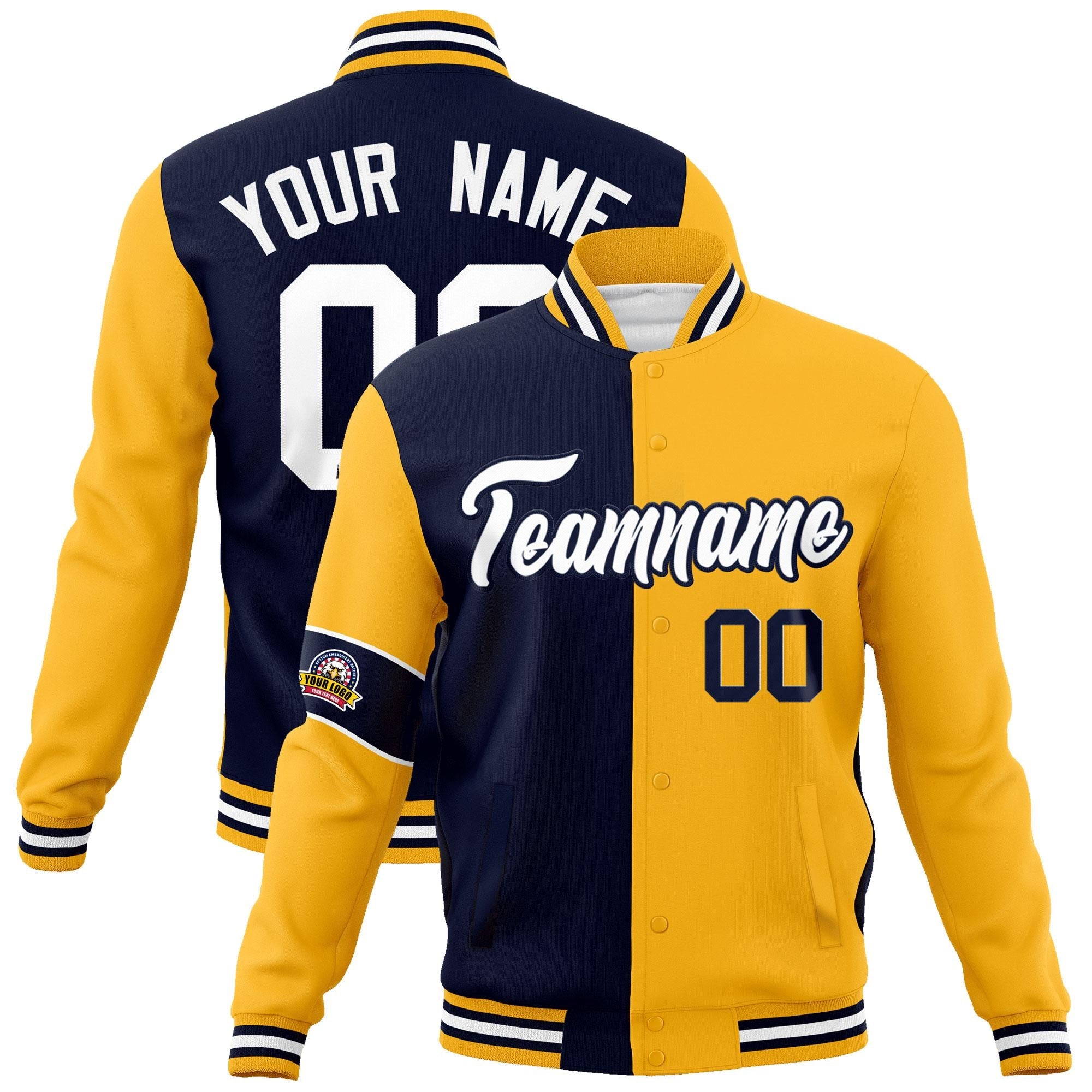 Custom Navy Gold-White Letterman Two Tone Full-Snap Split Fashion Jacket