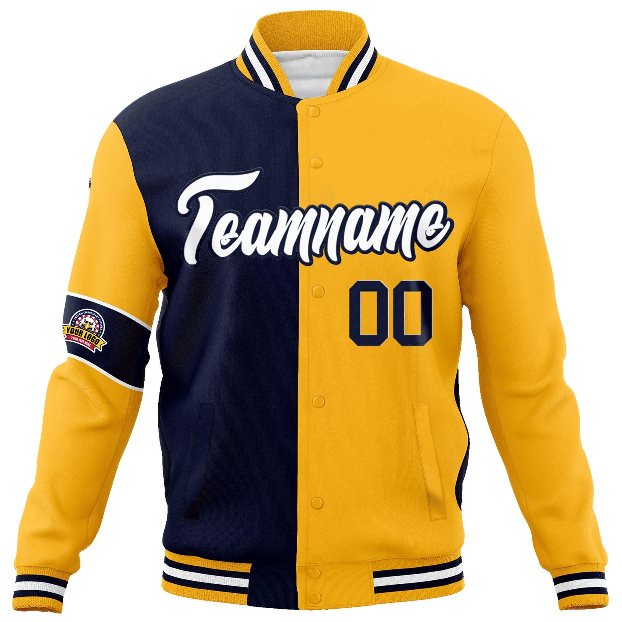 Custom Navy Gold-White Letterman Two Tone Full-Snap Split Fashion Jacket