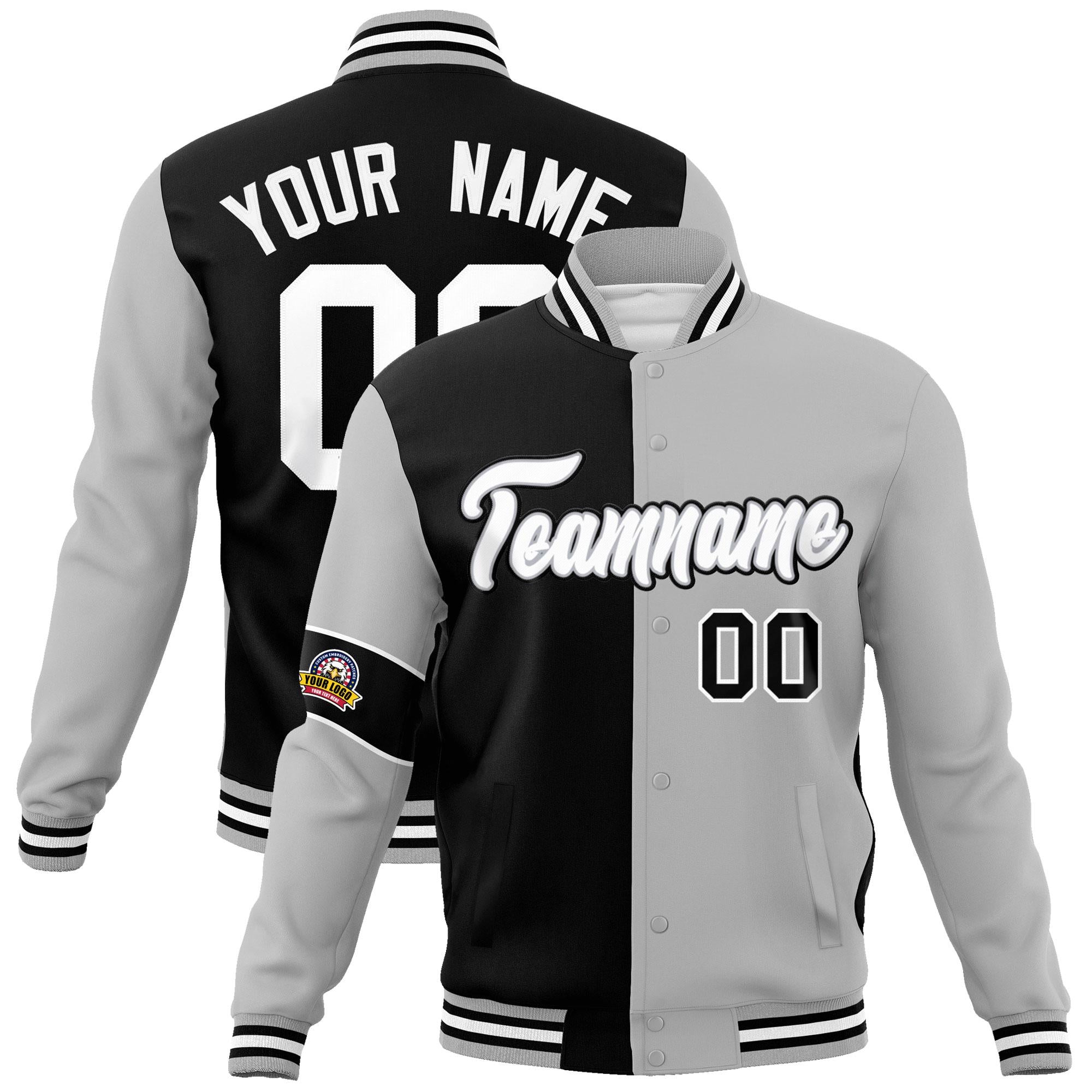 Custom Black Gray-White Letterman Two Tone Full-Snap Split Fashion Jacket