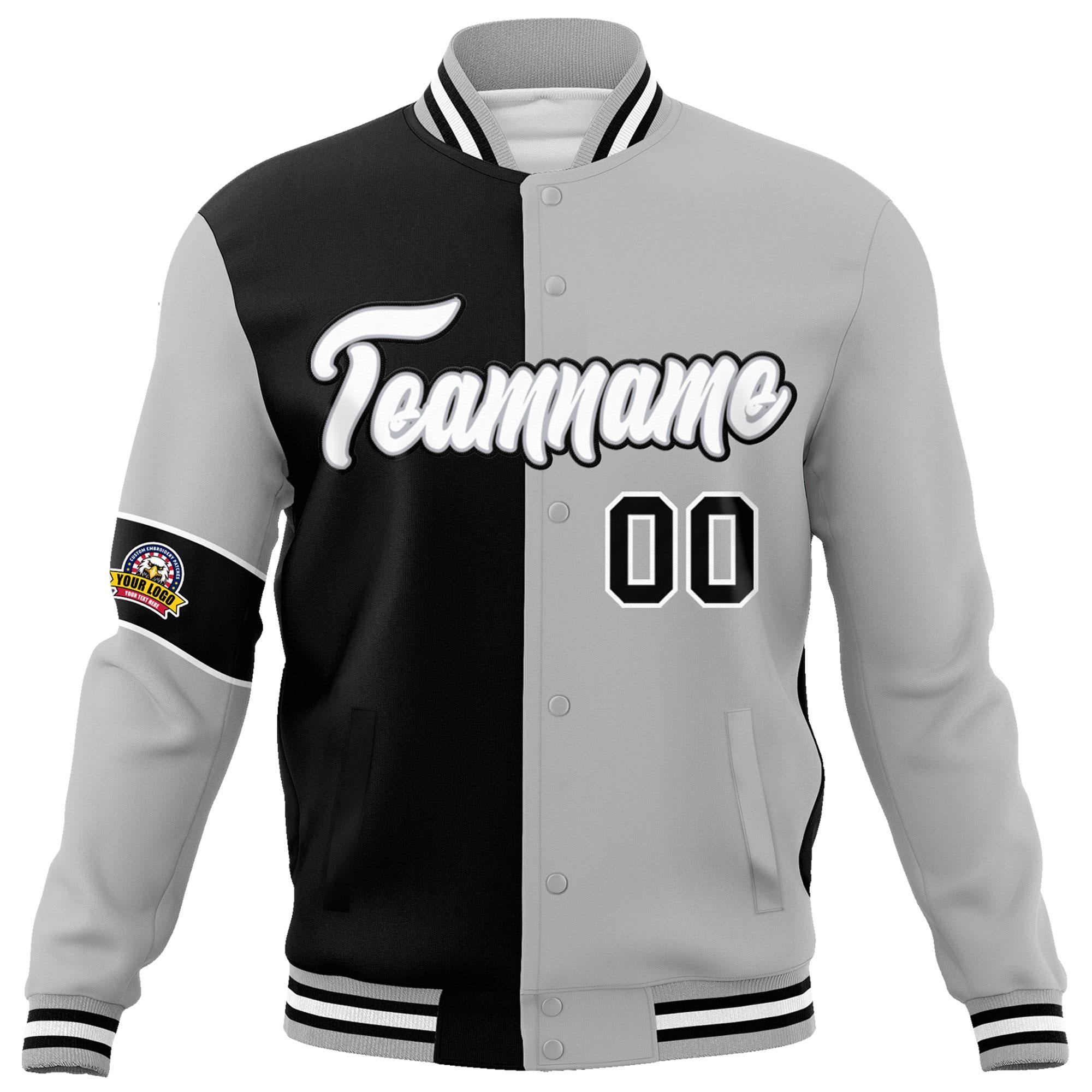 Custom Black Gray-White Letterman Two Tone Full-Snap Split Fashion Jacket