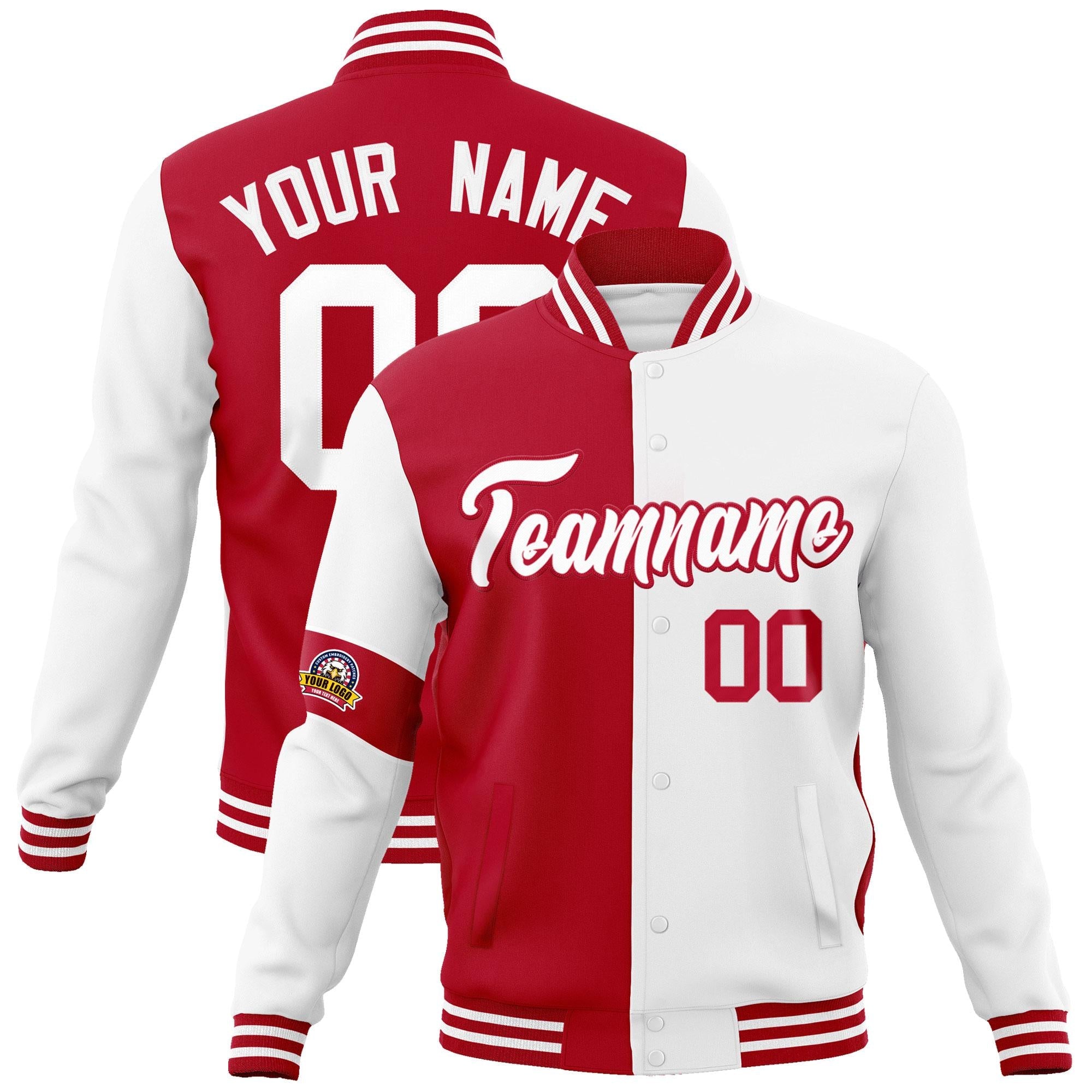 Custom Red White Letterman Two Tone Full-Snap Split Fashion Jacket