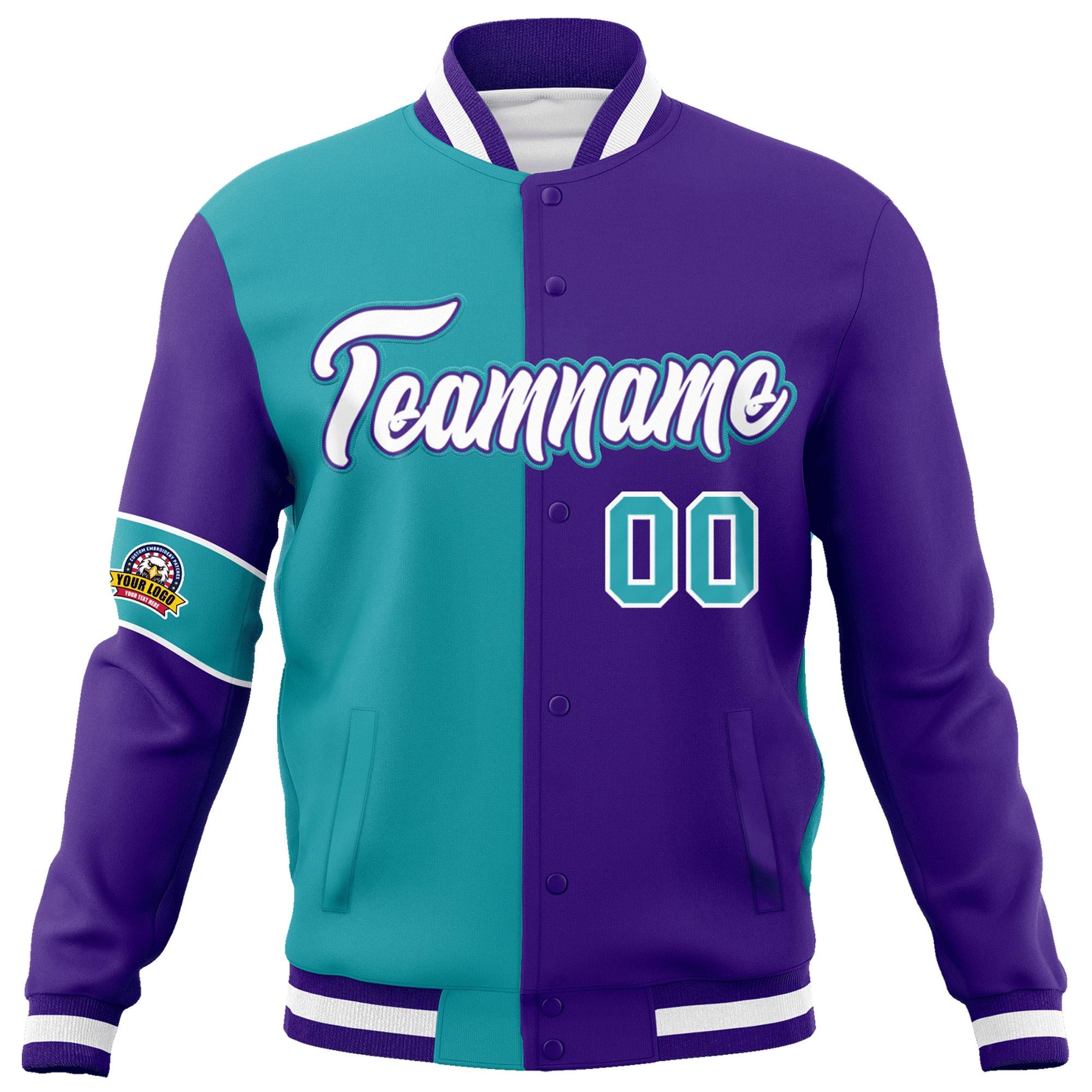 Custom Aqua Purple-White Letterman Two Tone Full-Snap Split Fashion Jacket