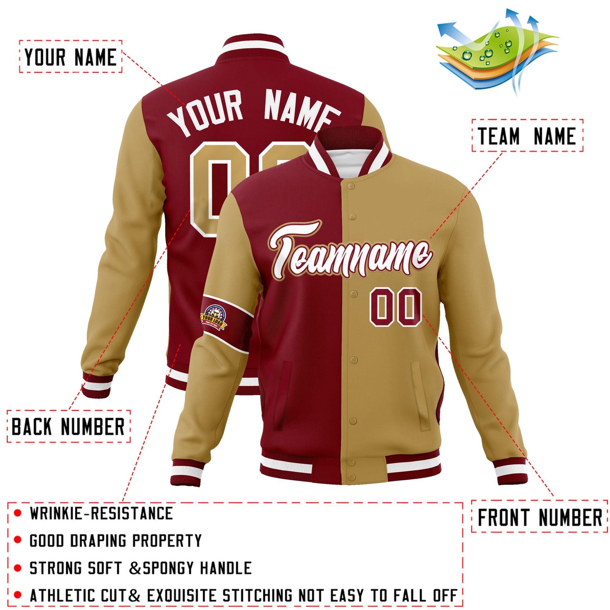 Custom Crimson Old Gold-White Letterman Two Tone Full-Snap Split Fashion Jacket