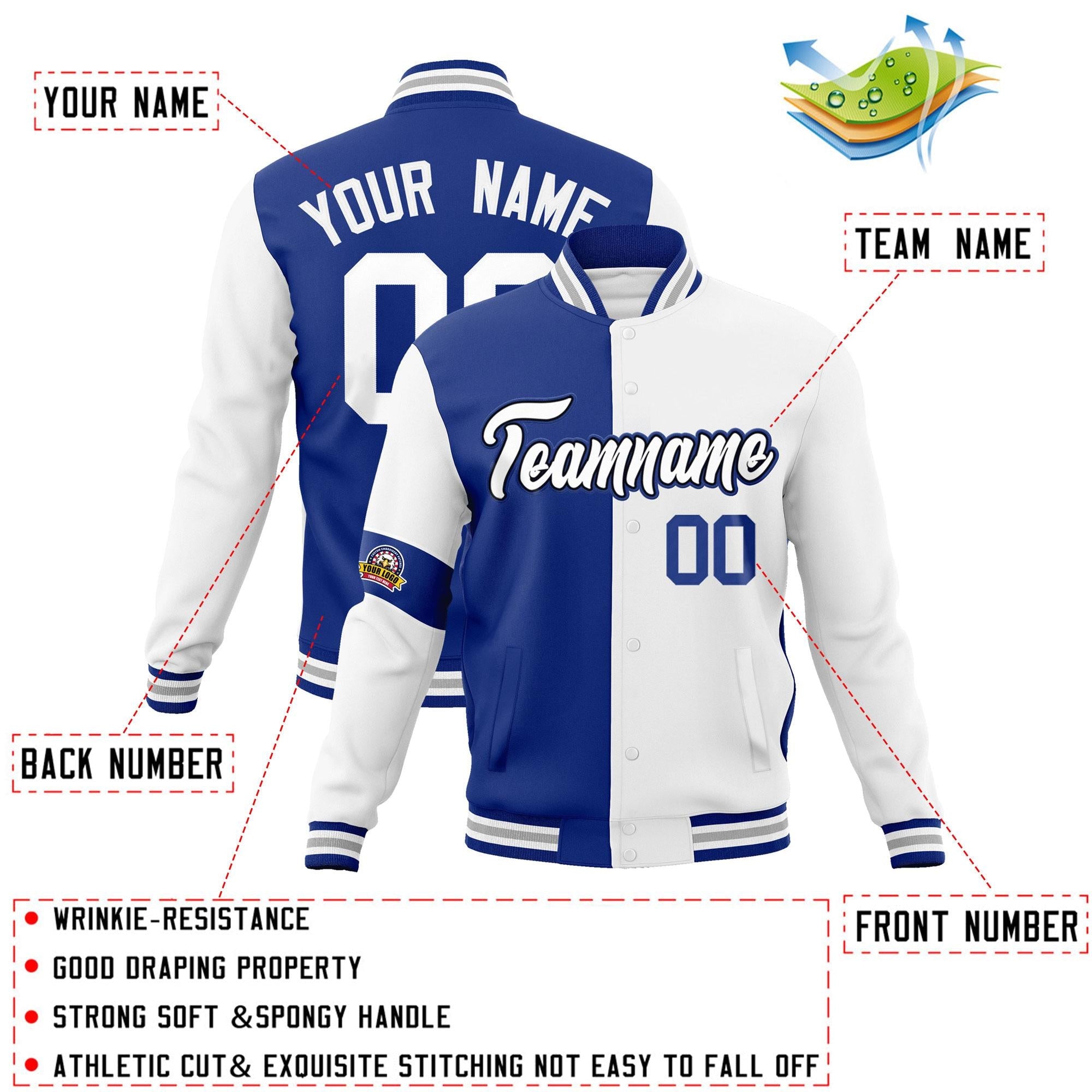 Custom Royal White Letterman Two Tone Full-Snap Split Fashion Jacket