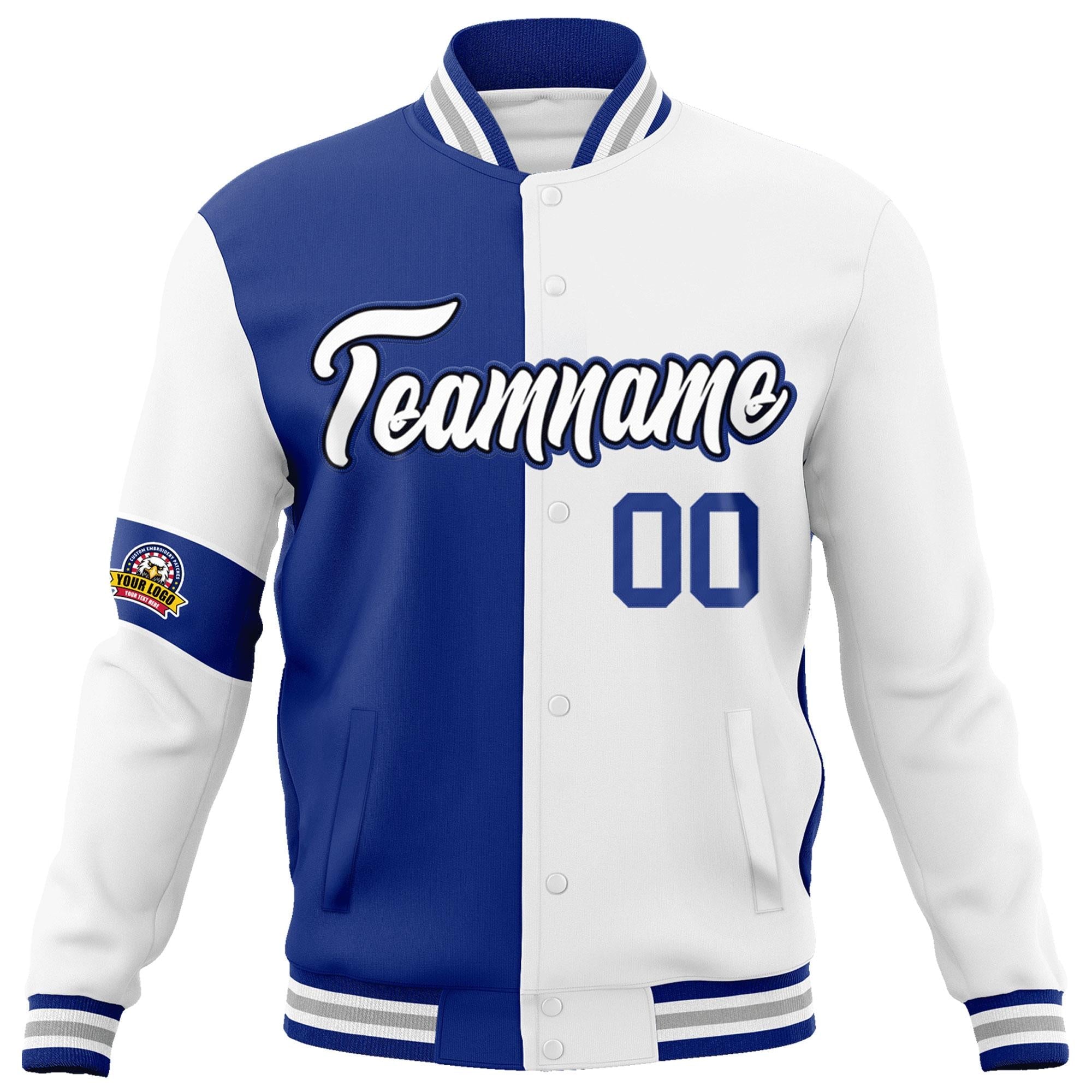 Custom Royal White Letterman Two Tone Full-Snap Split Fashion Jacket