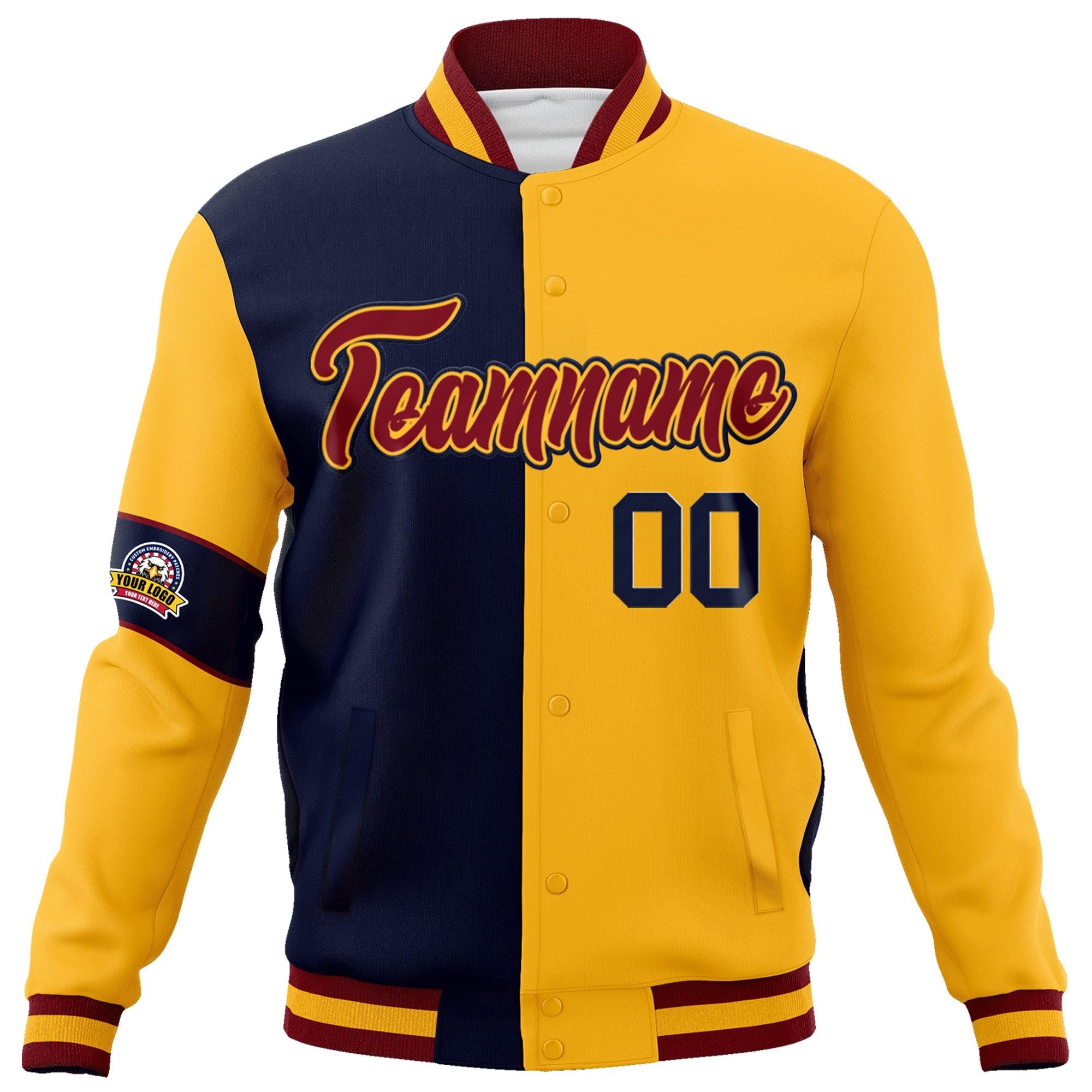 Custom Navy Gold-Crimson Letterman Two Tone Full-Snap Split Fashion Jacket