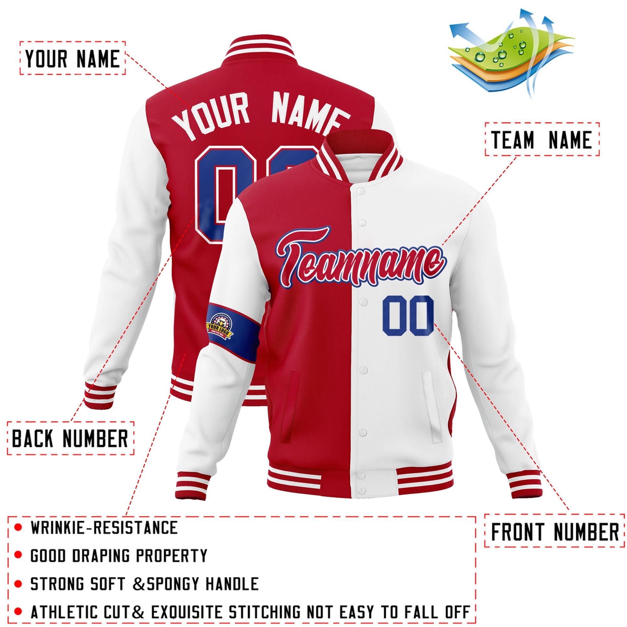 Custom Red White-Royal Letterman Two Tone Full-Snap Split Fashion Jacket