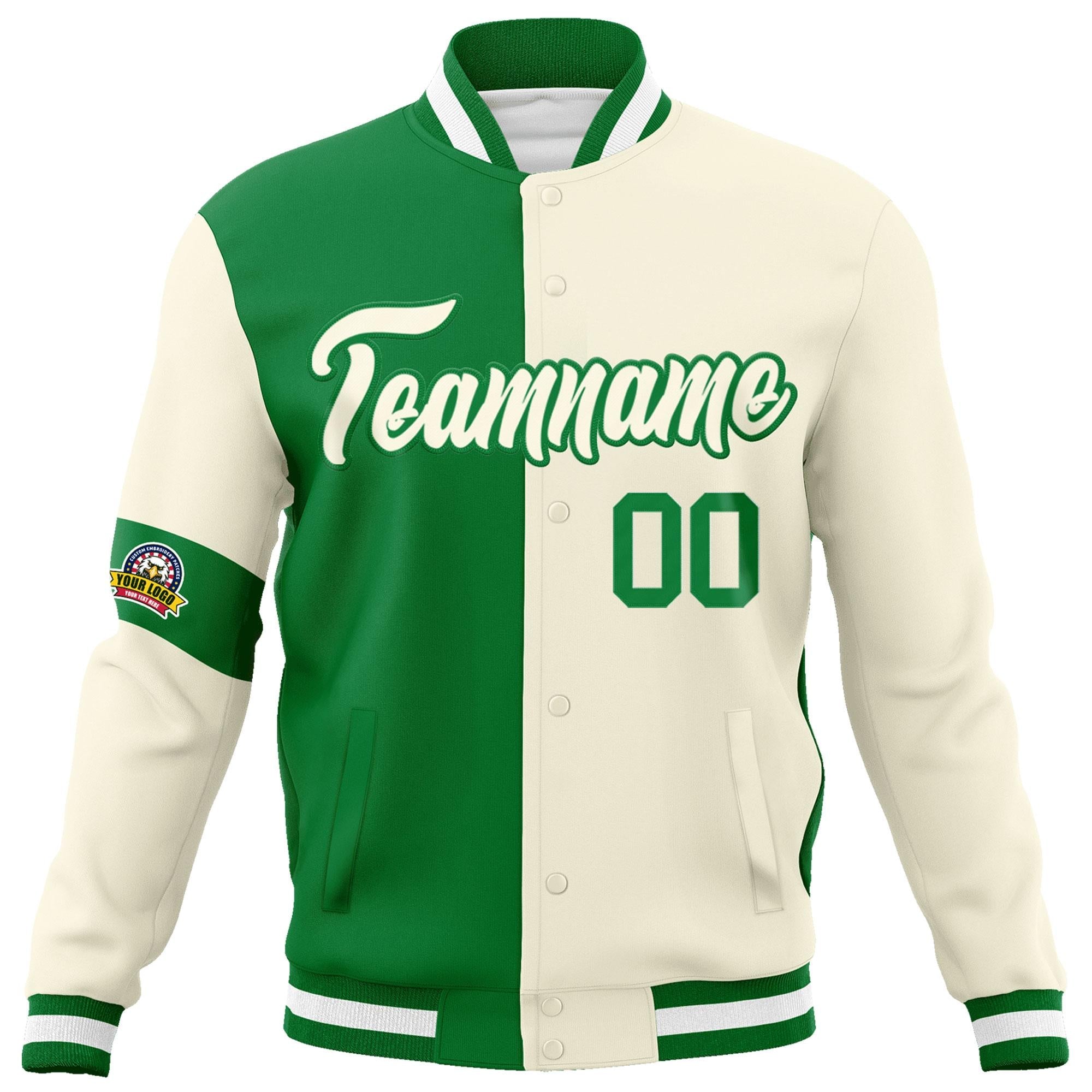 Custom Kelly Green Cream Letterman Two Tone Full-Snap Split Fashion Jacket