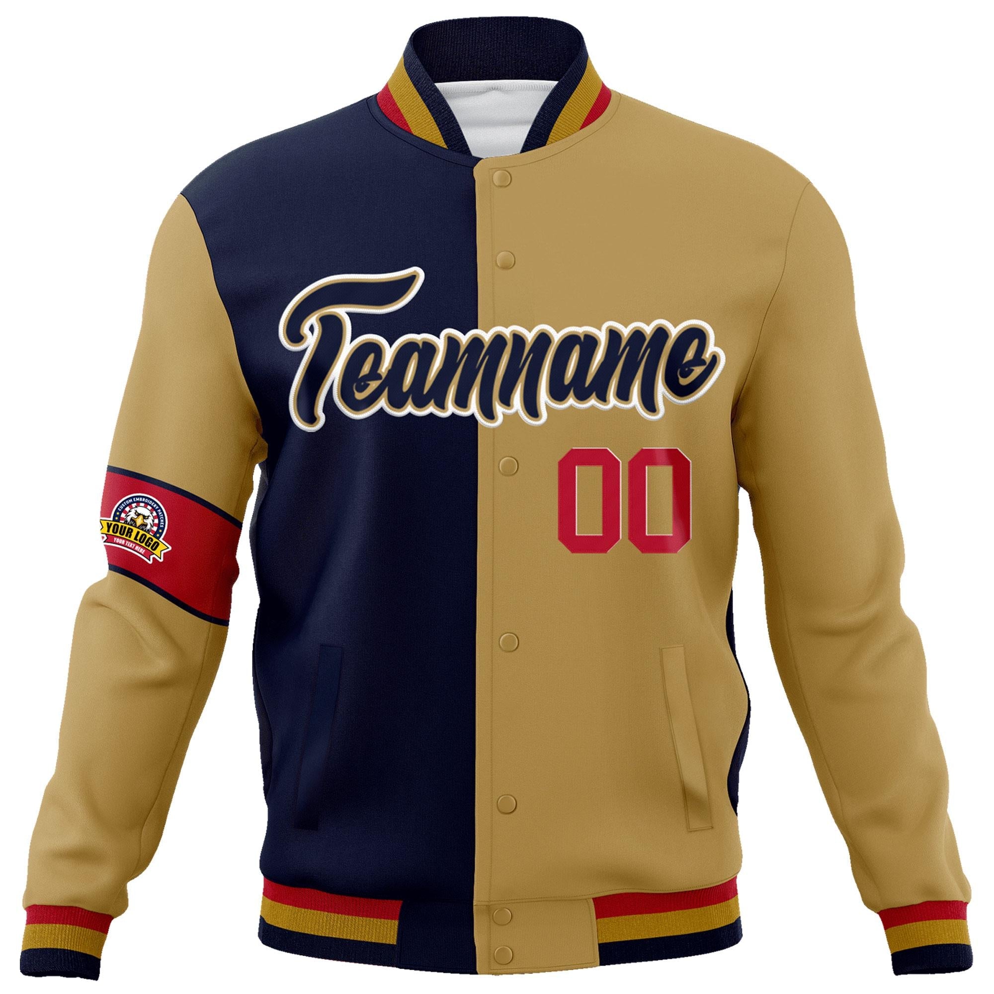 Custom Navy Old Gold-White Letterman Two Tone Full-Snap Split Fashion Jacket