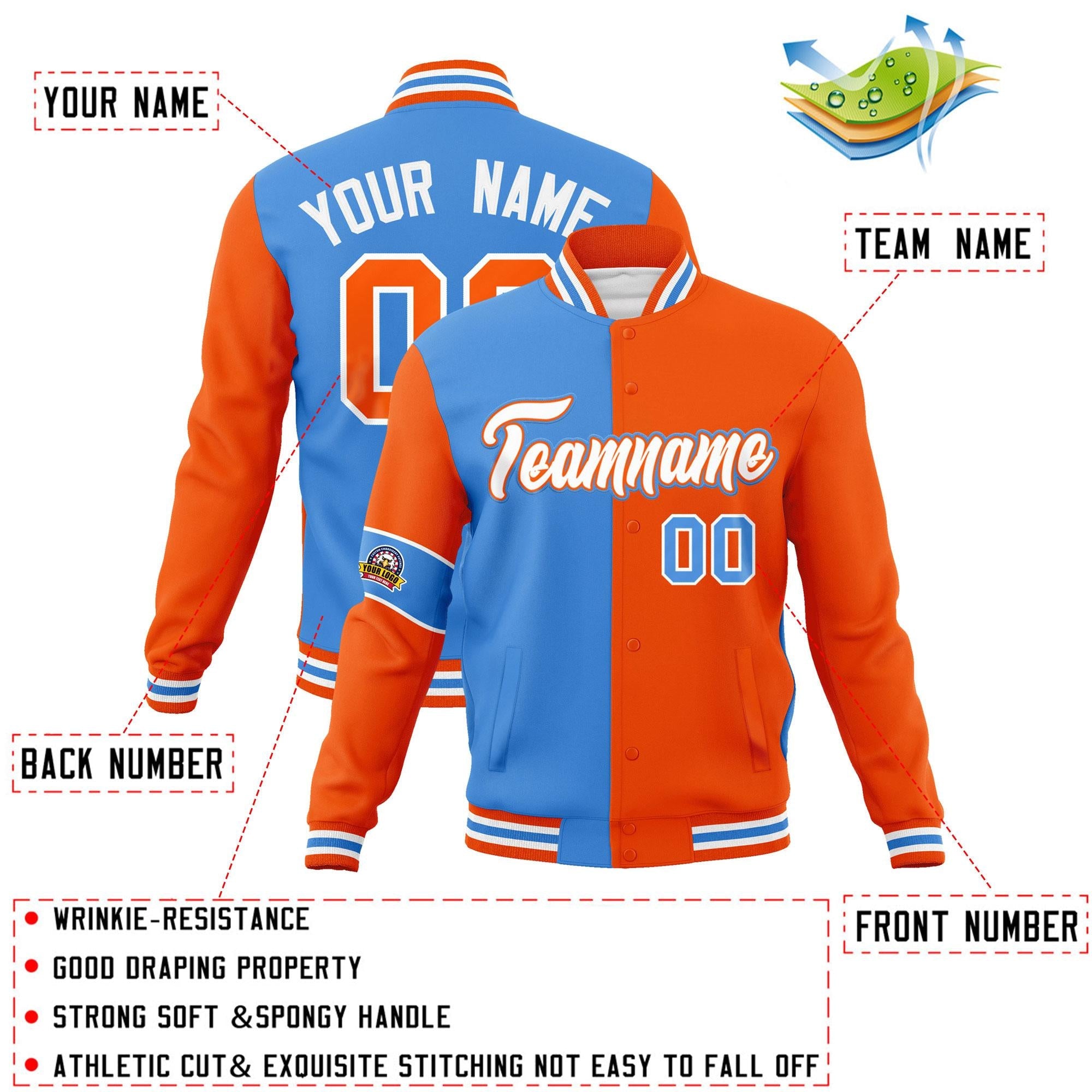 Custom Powder Blue Orange-White Letterman Two Tone Full-Snap Split Fashion Jacket