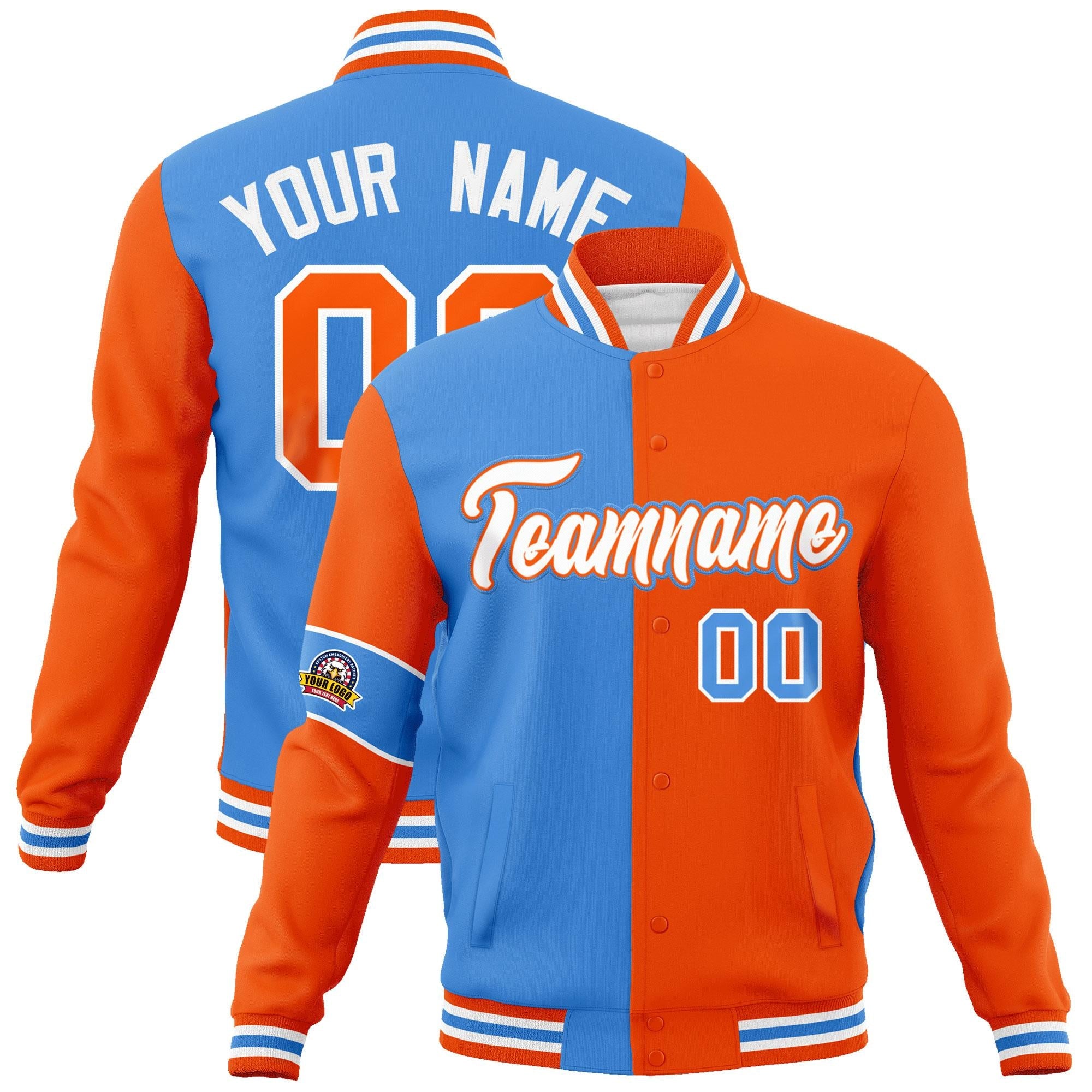 Custom Powder Blue Orange-White Letterman Two Tone Full-Snap Split Fashion Jacket