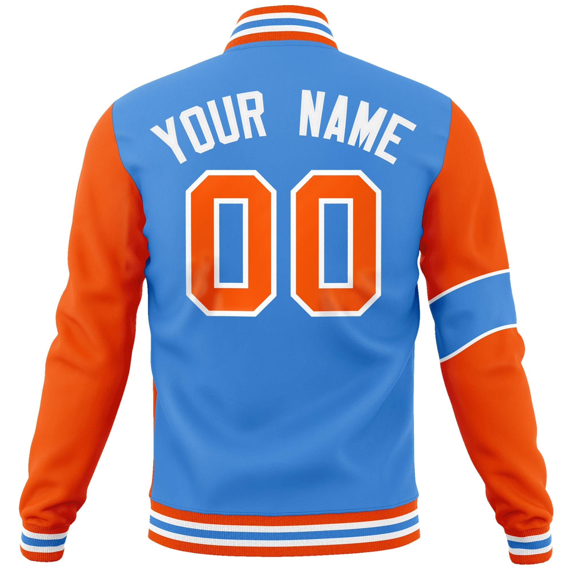 Custom Powder Blue Orange-White Letterman Two Tone Full-Snap Split Fashion Jacket