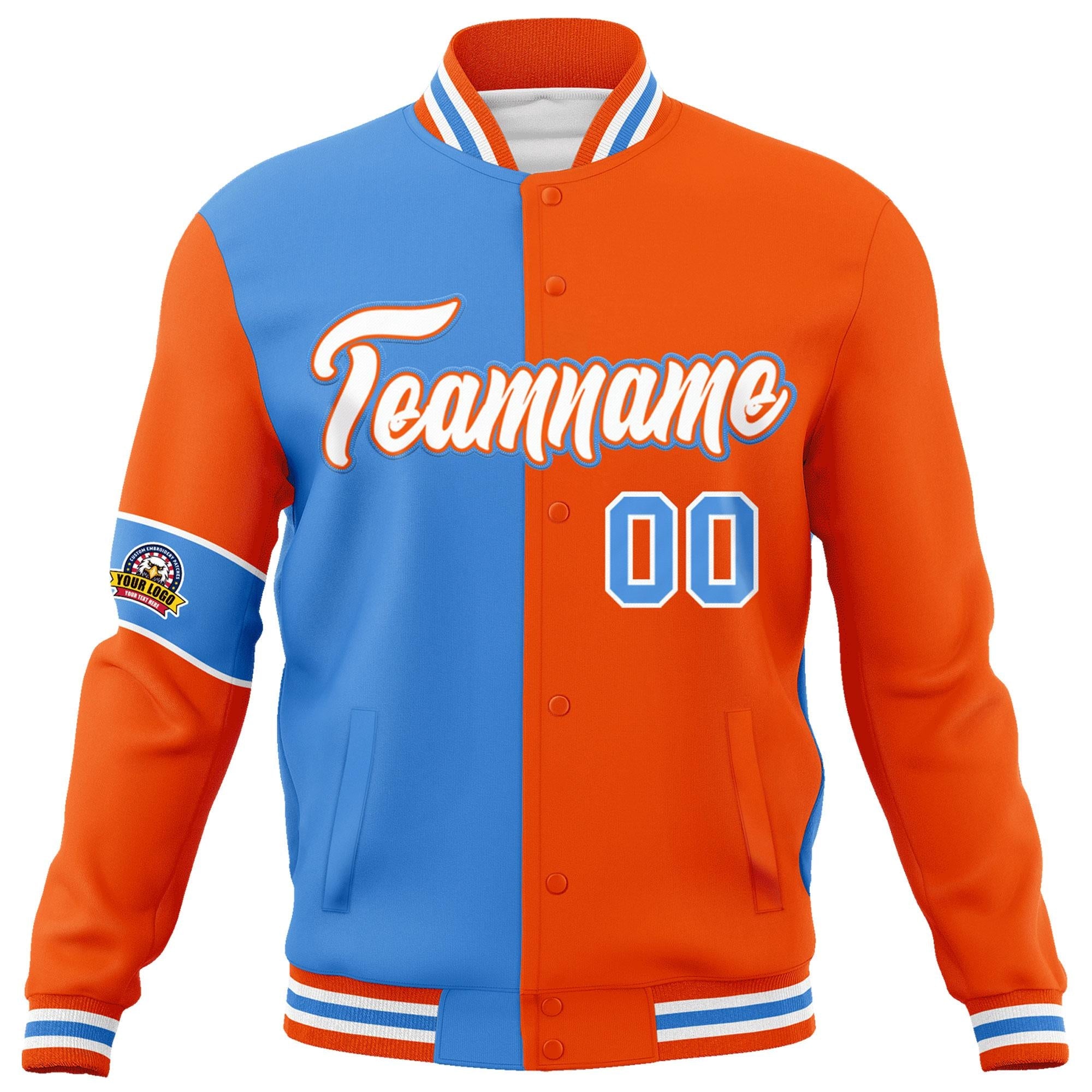 Custom Powder Blue Orange-White Letterman Two Tone Full-Snap Split Fashion Jacket