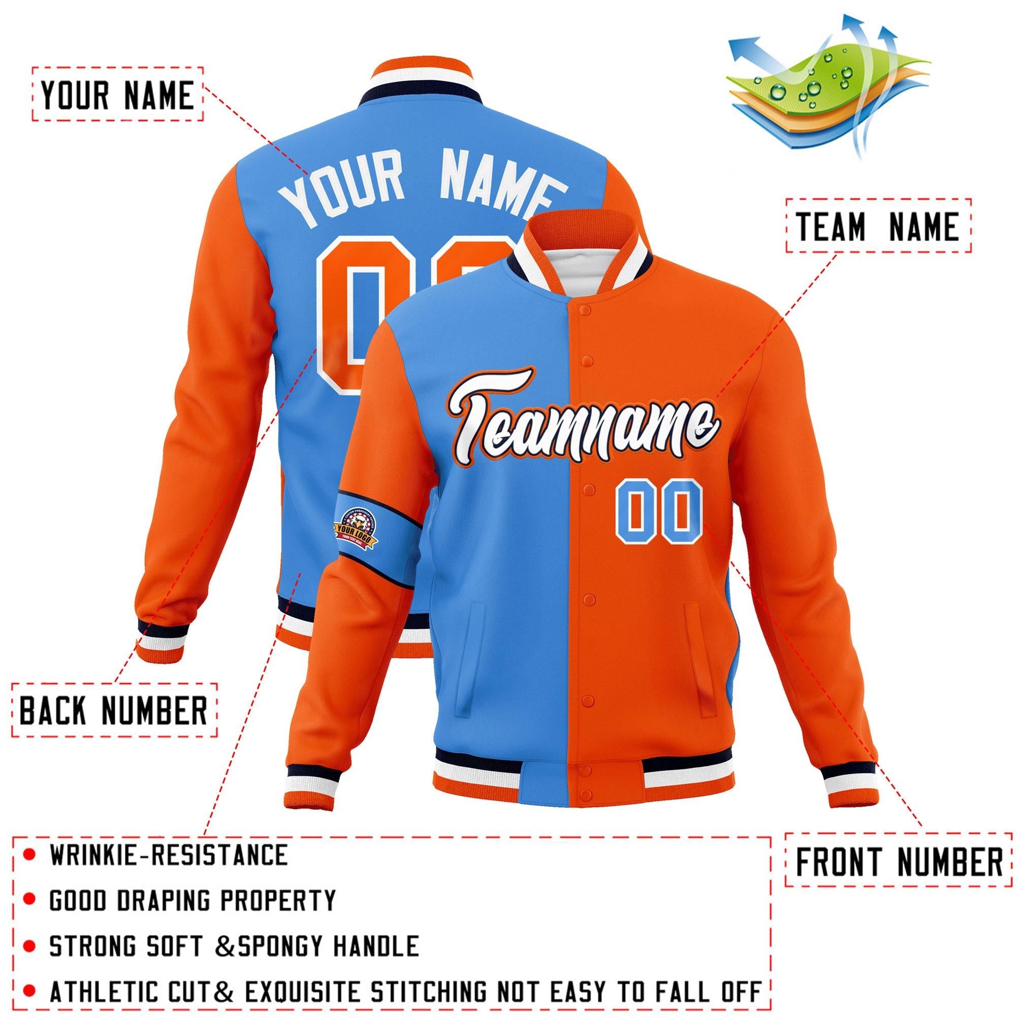 Custom Powder Blue Orange-White Letterman Two Tone Full-Snap Split Fashion Jacket