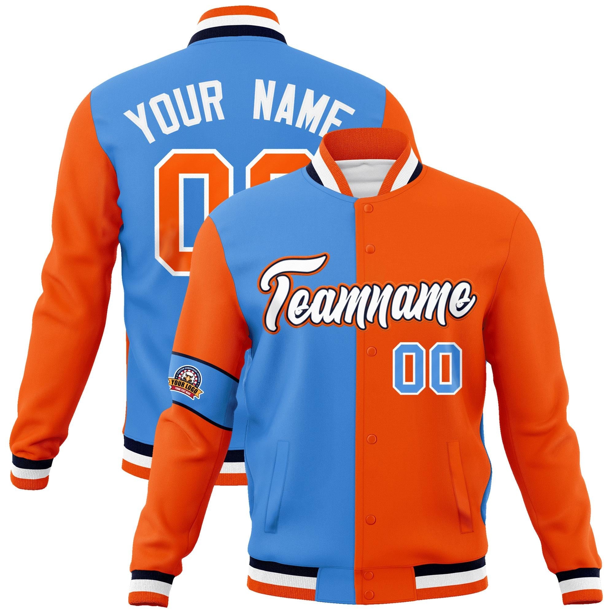 Custom Powder Blue Orange-White Letterman Two Tone Full-Snap Split Fashion Jacket