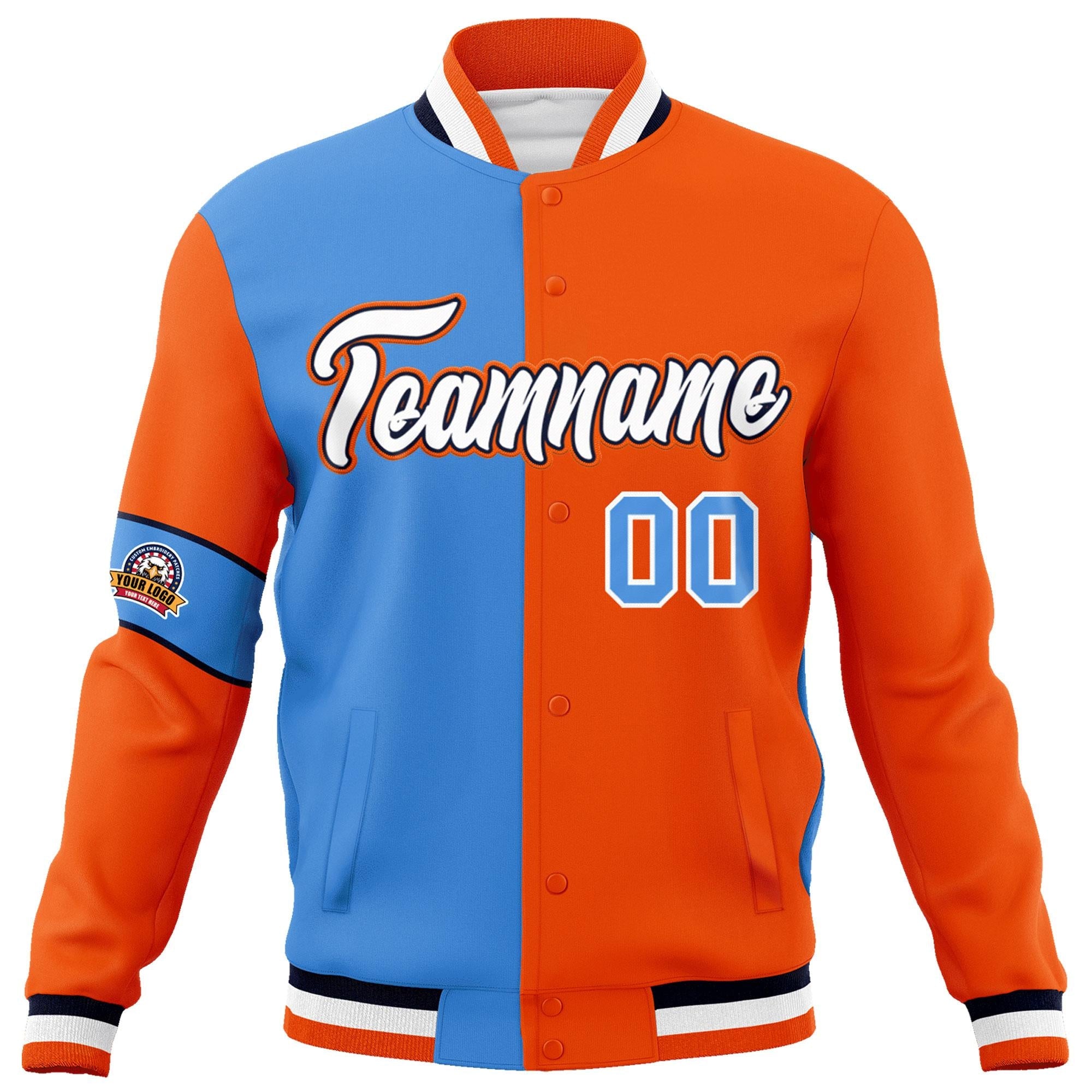 Custom Powder Blue Orange-White Letterman Two Tone Full-Snap Split Fashion Jacket