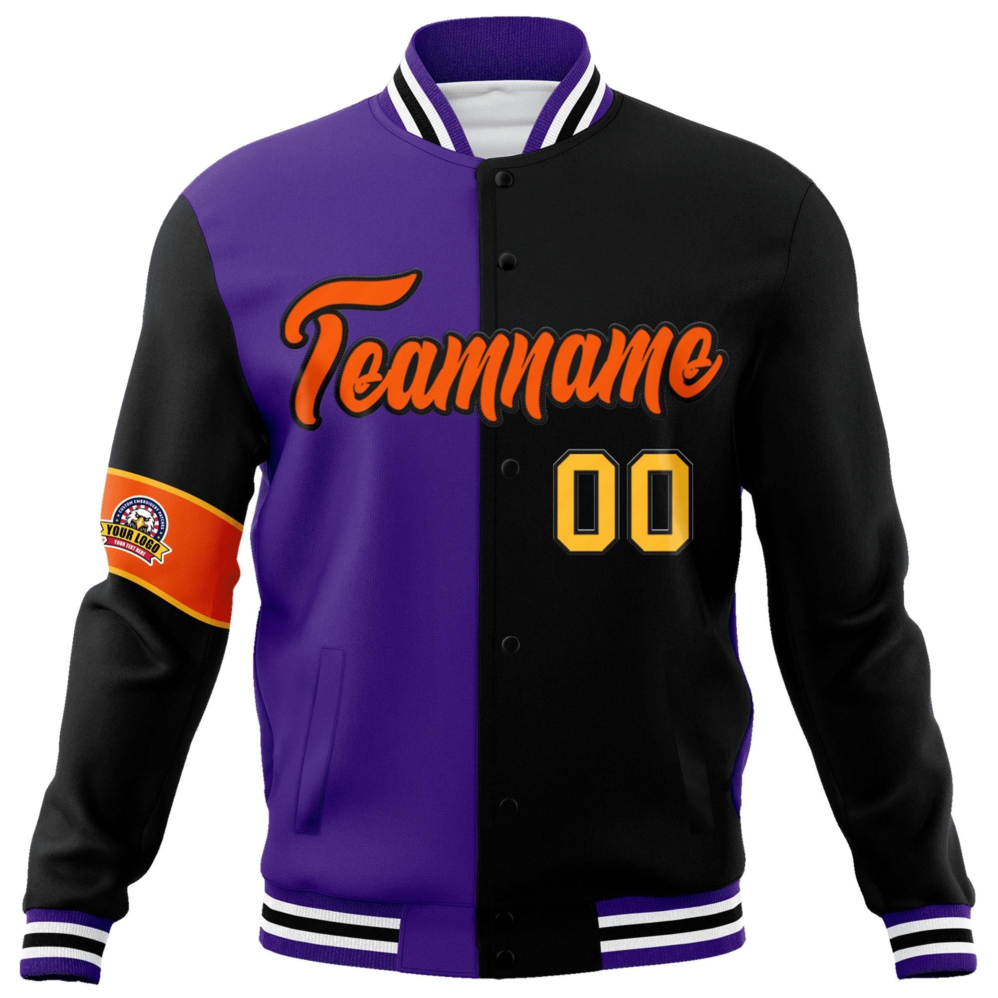 Custom Purple Black-Orange Letterman Two Tone Full-Snap Split Fashion Jacket