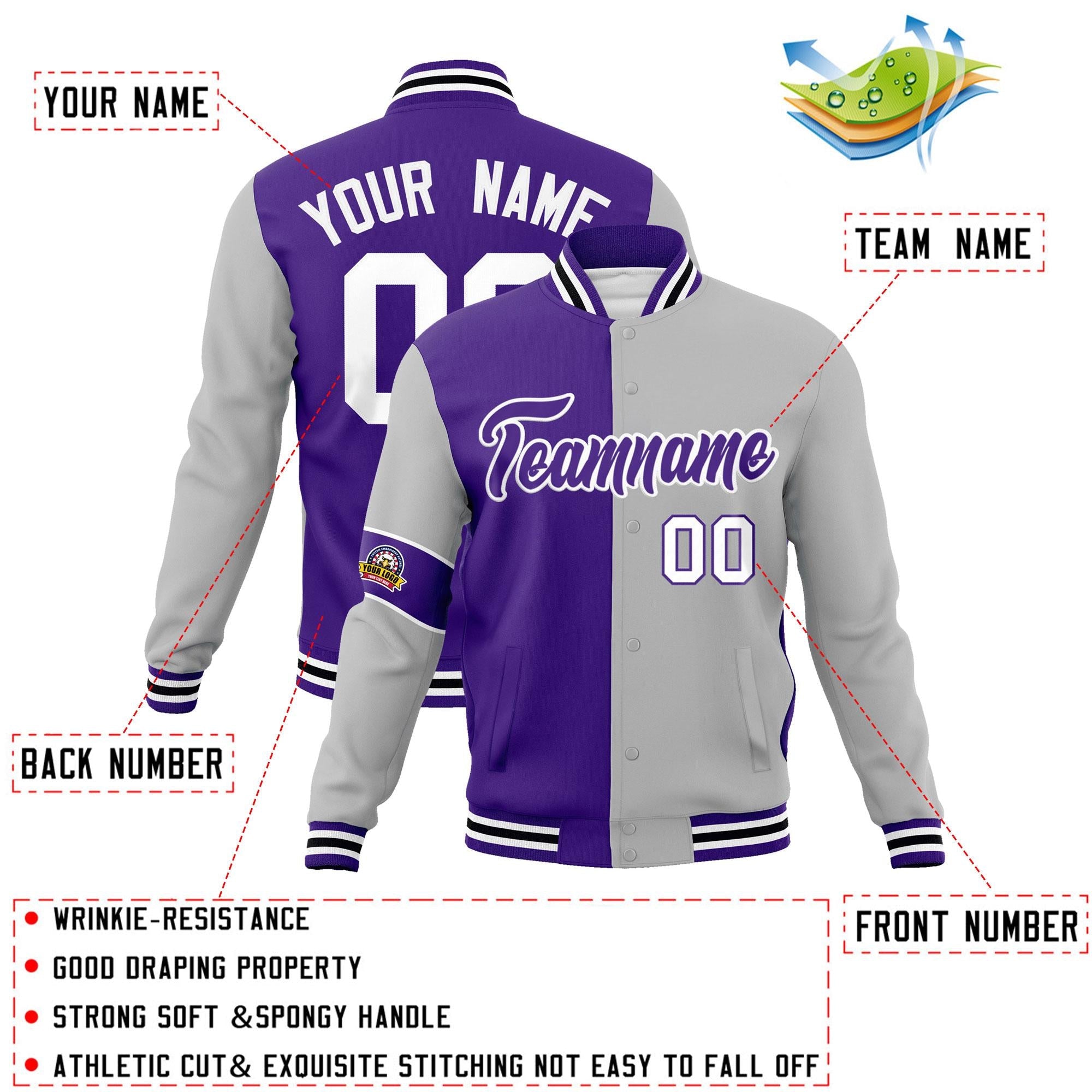 Custom Purple Gray-White Letterman Two Tone Full-Snap Split Fashion Jacket