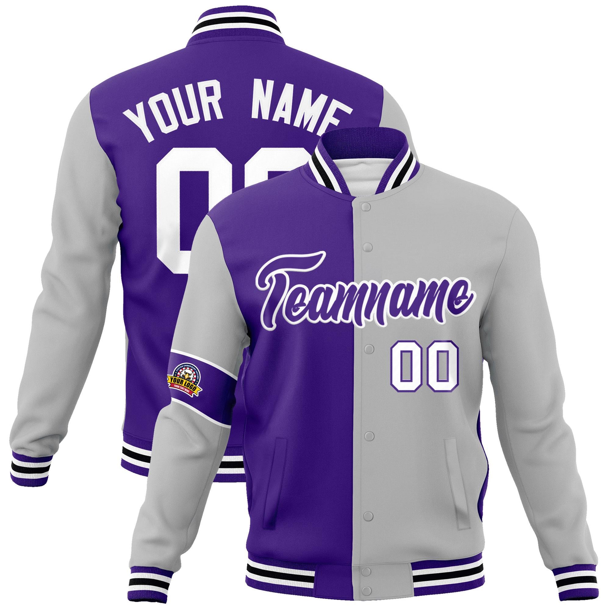 Custom Purple Gray-White Letterman Two Tone Full-Snap Split Fashion Jacket