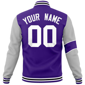 Custom Purple Gray-White Letterman Two Tone Full-Snap Split Fashion Jacket