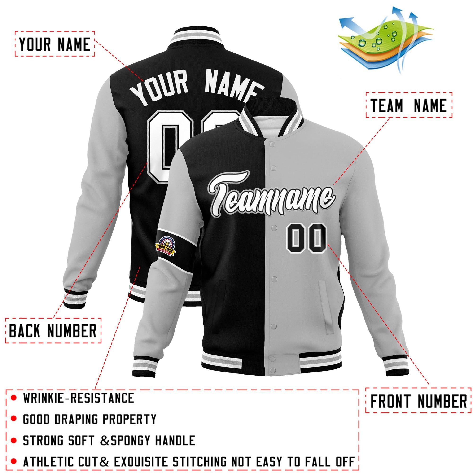 Custom Black Gray-White Letterman Two Tone Full-Snap Split Fashion Jacket