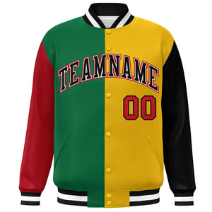 Custom Red Kelly Green Gold-Black Color Block Bomber Varsity Full-Snap Baseball Jacket