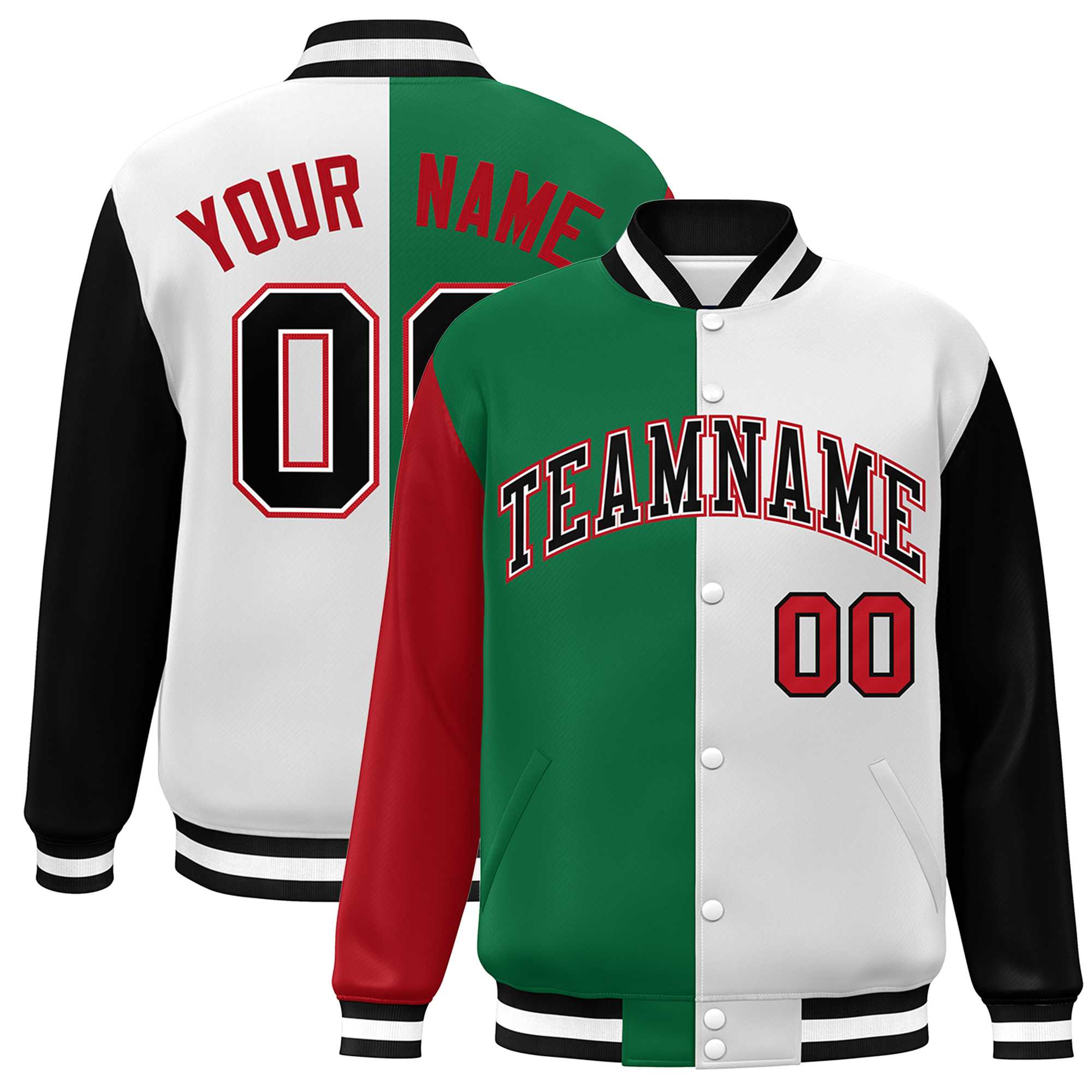 Custom Red Kelly Green White-Black Color Block Bomber Varsity Full-Snap Baseball Jacket