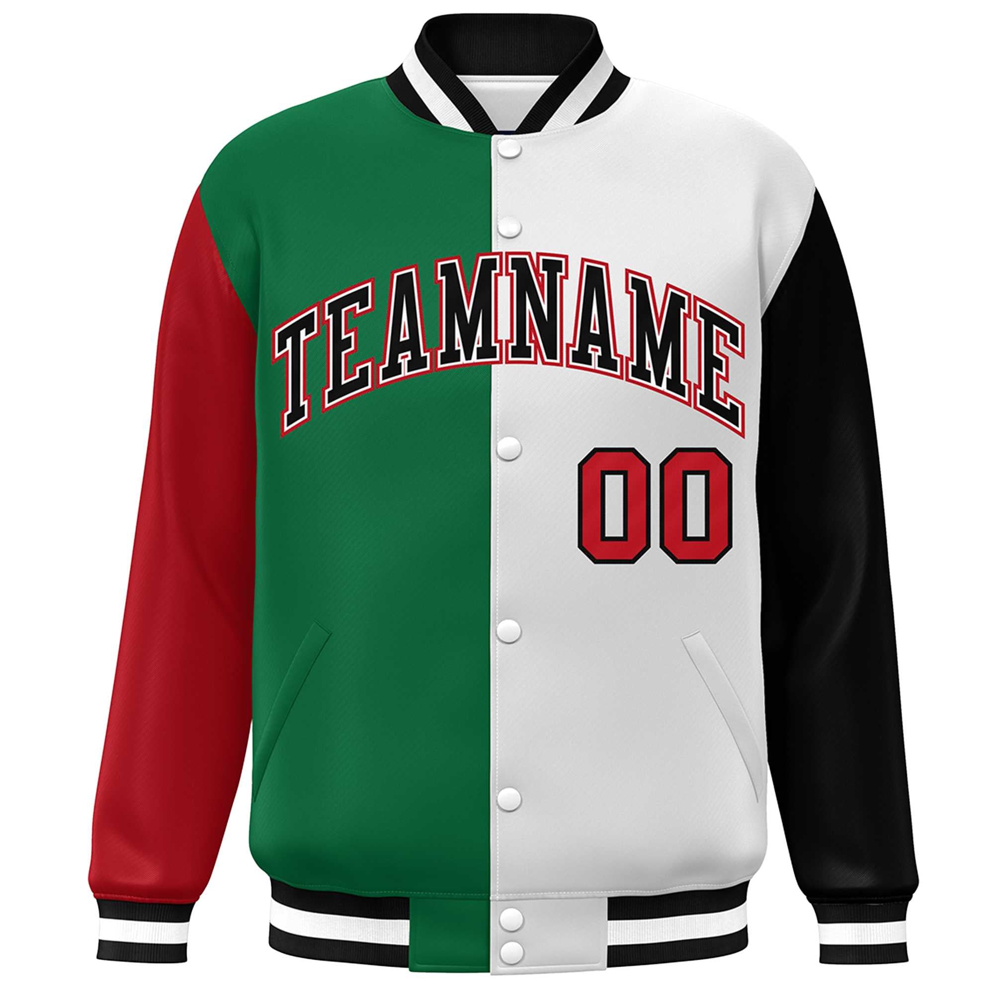 Custom Red Kelly Green White-Black Color Block Bomber Varsity Full-Snap Baseball Jacket