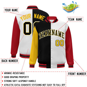 Custom Gold Black White-Red Color Block Bomber Varsity Full-Snap Baseball Jacket