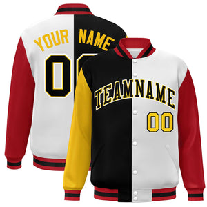 Custom Gold Black White-Red Color Block Bomber Varsity Full-Snap Baseball Jacket