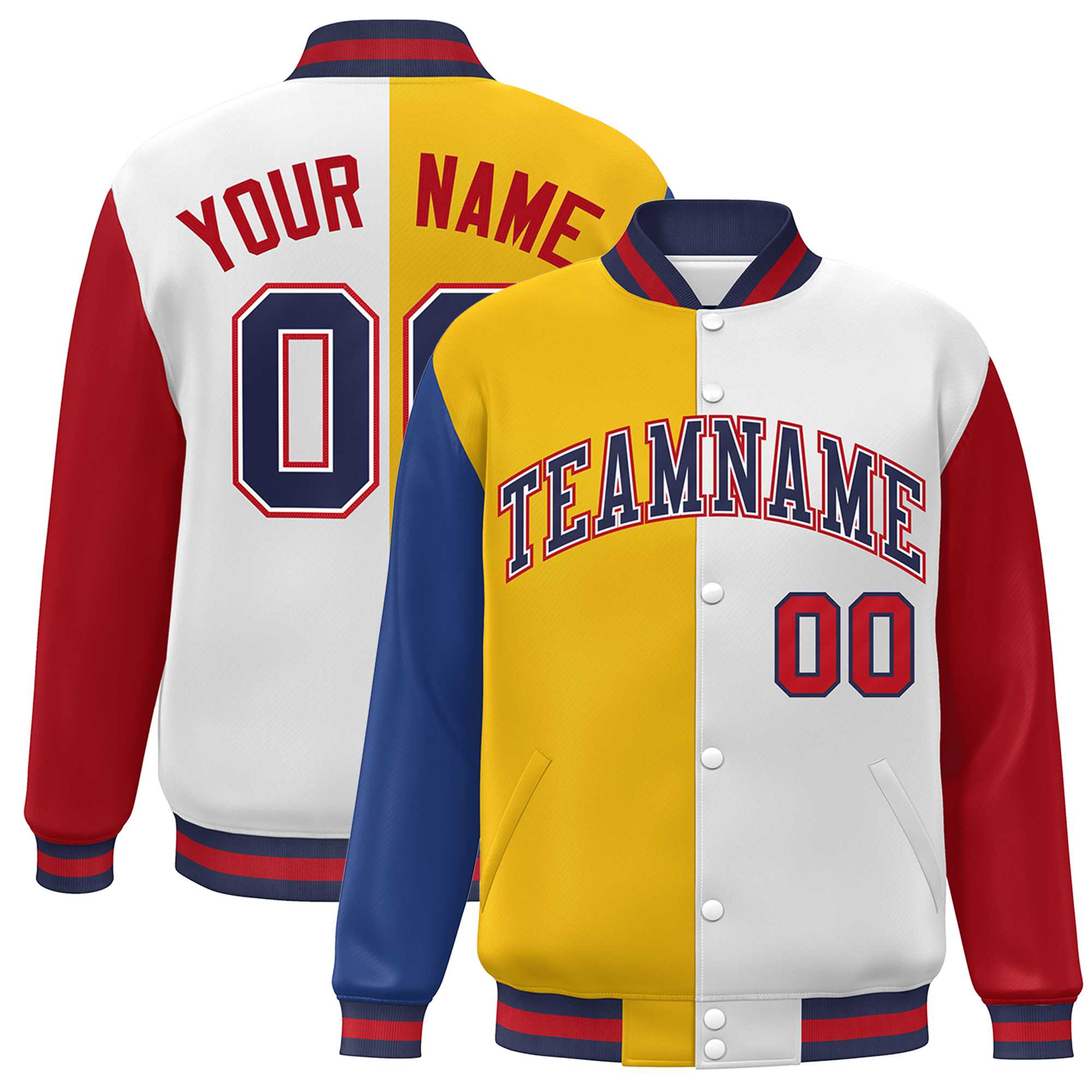 Custom Royal Gold White-Red Color Block Bomber Varsity Full-Snap Baseball Jacket