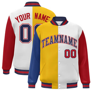 Custom Royal Gold White-Red Color Block Bomber Varsity Full-Snap Baseball Jacket