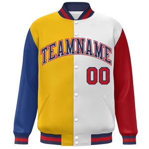 Custom Royal Gold White-Red Color Block Bomber Varsity Full-Snap Baseball Jacket