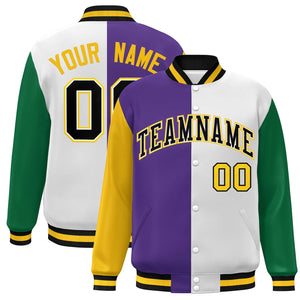 Custom Gold Purple White-Kelly Green Color Block Bomber Varsity Full-Snap Baseball Jacket