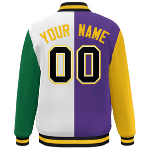 Custom Gold Purple White-Kelly Green Color Block Bomber Varsity Full-Snap Baseball Jacket