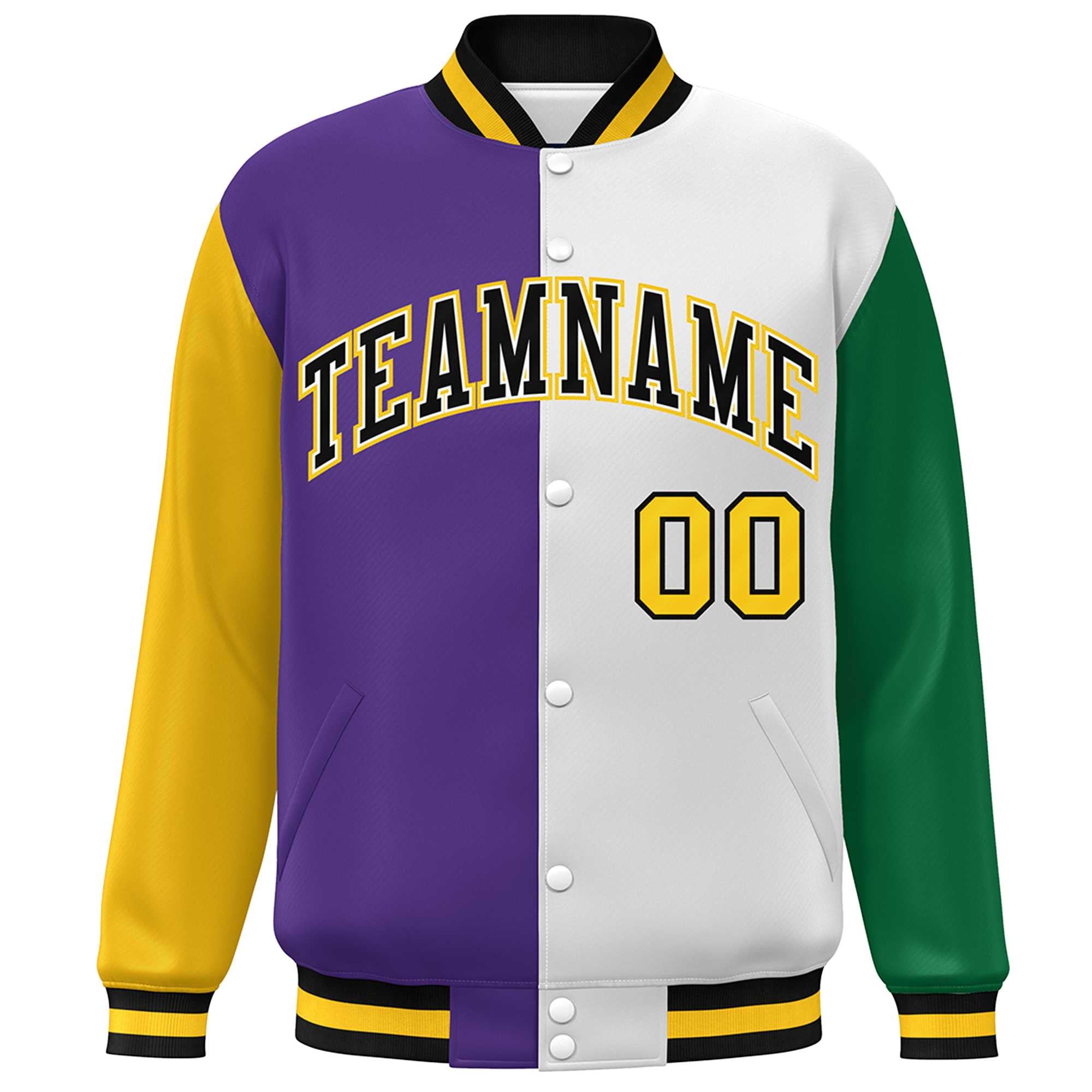 Custom Gold Purple White-Kelly Green Color Block Bomber Varsity Full-Snap Baseball Jacket