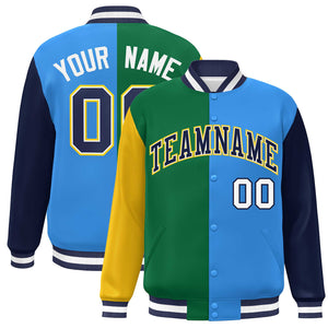 Custom Gold Kelly Green Powder Blue-Navy Color Block Bomber Varsity Full-Snap Baseball Jacket