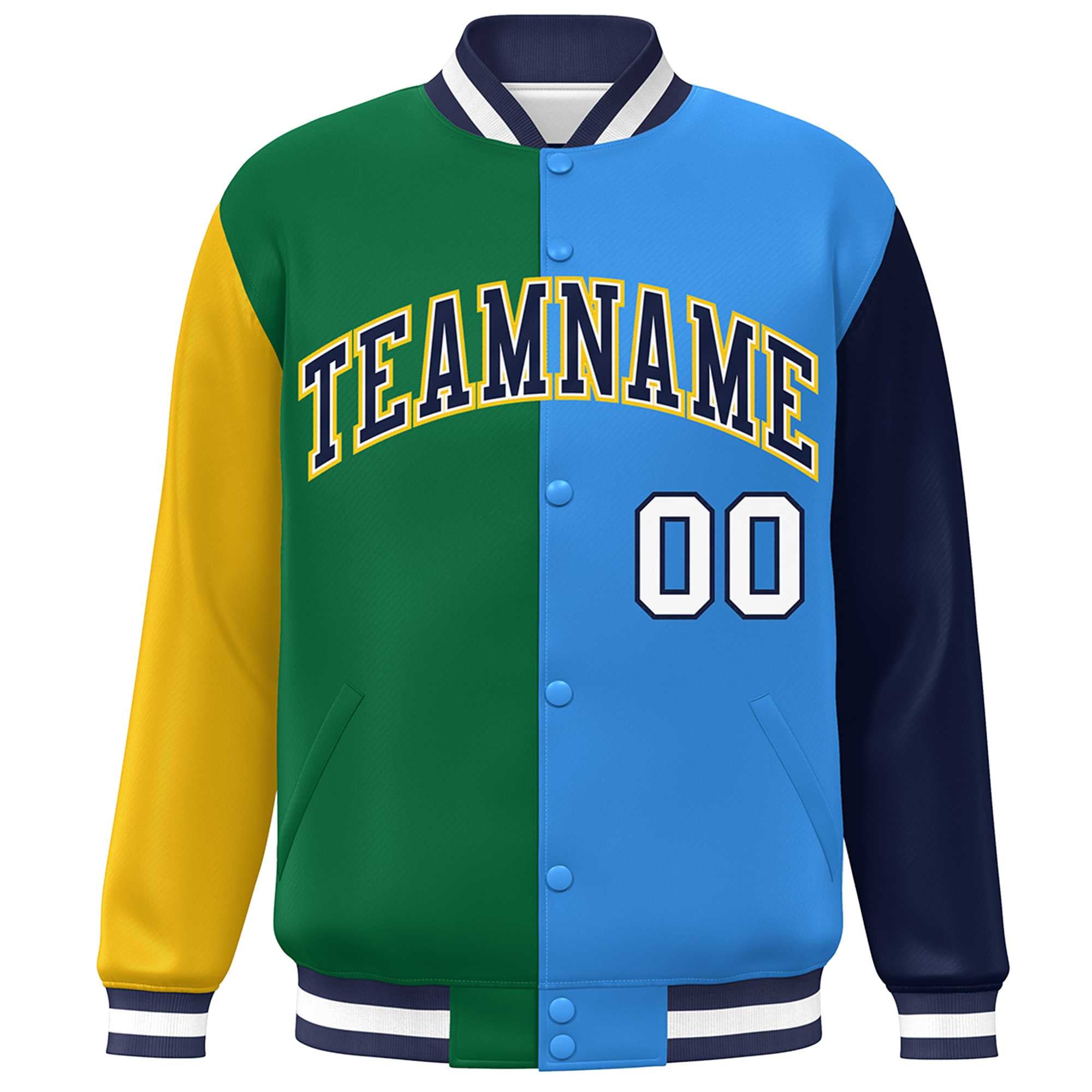 Custom Gold Kelly Green Powder Blue-Navy Color Block Bomber Varsity Full-Snap Baseball Jacket