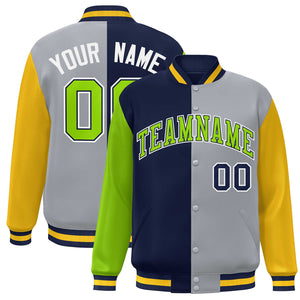 Custom Neon Green Navy Gray-Gold Color Block Bomber Varsity Full-Snap Baseball Jacket