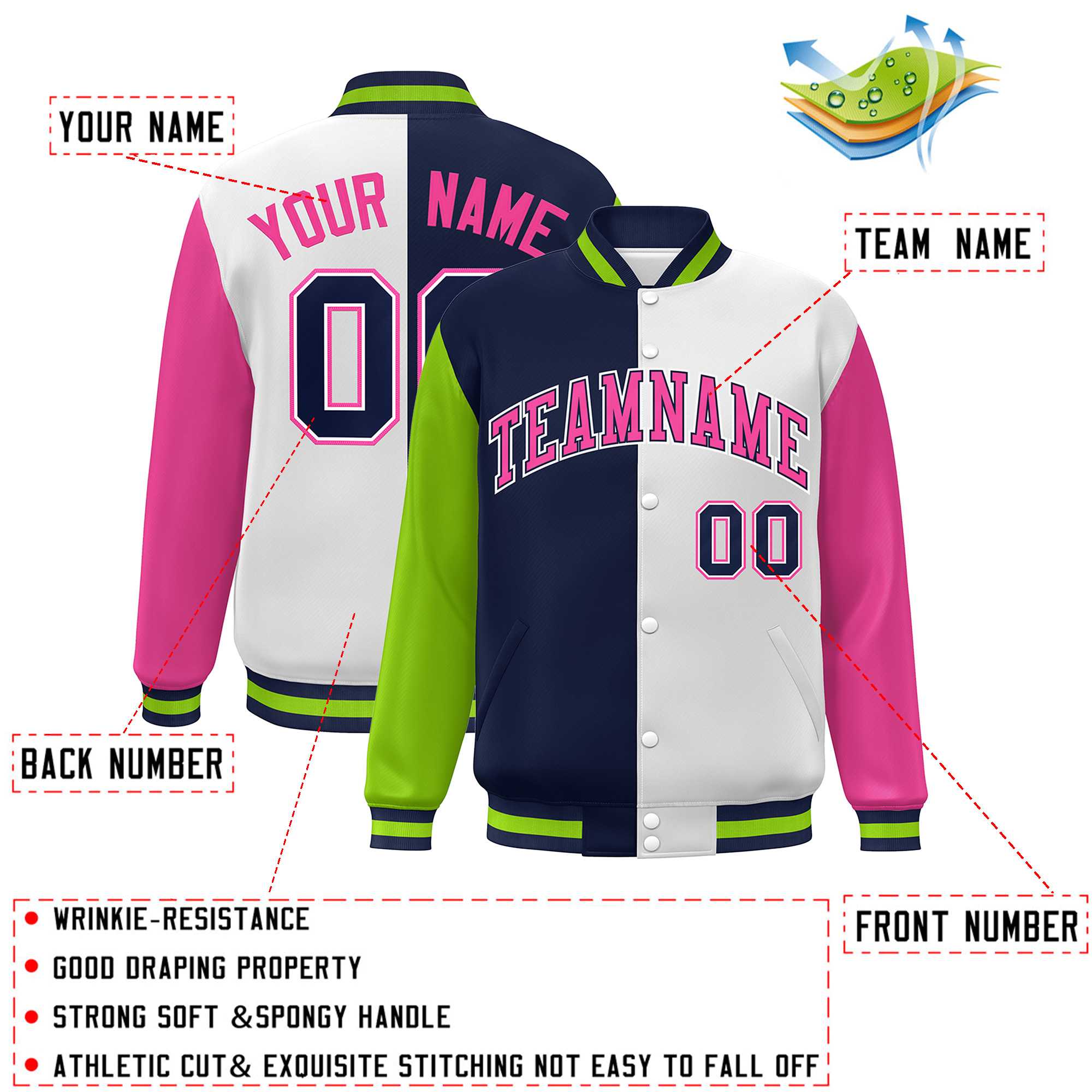 Custom Neon Green Navy White-Pink Color Block Bomber Varsity Full-Snap Baseball Jacket