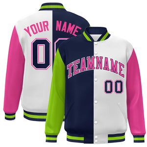 Custom Neon Green Navy White-Pink Color Block Bomber Varsity Full-Snap Baseball Jacket