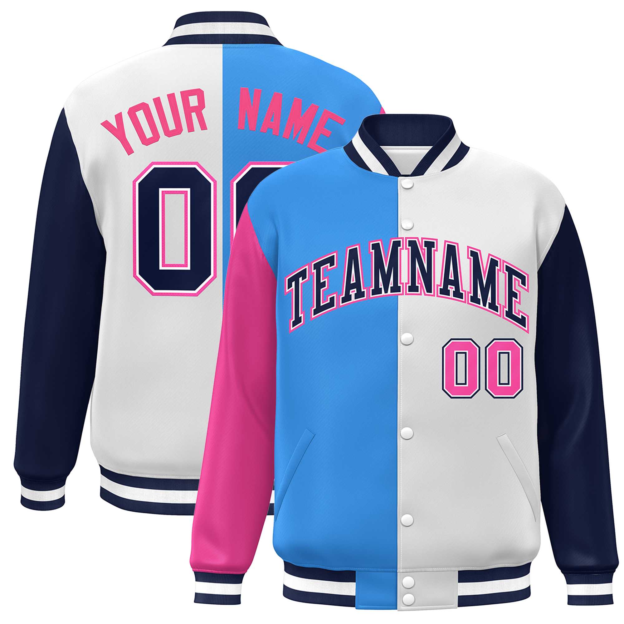 Custom Pink Powder Blue White-Navy Color Block Bomber Varsity Full-Snap Baseball Jacket